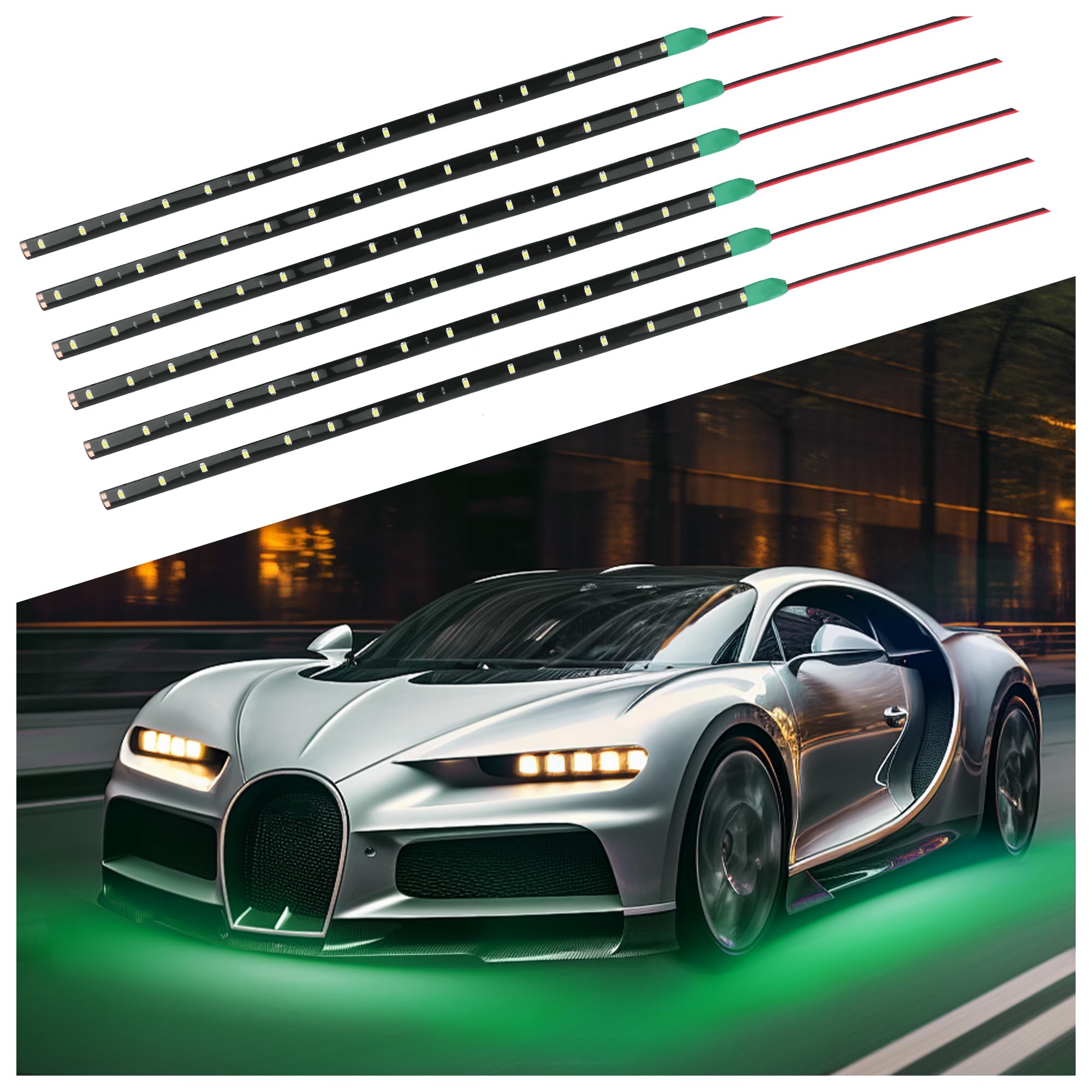 6PCS 15SMD LED Strip Lights for Cars,11.81" 12 Volt LED Strip Lights with 9.45" Cable Car Decorations,Universal Car LED Lights Car Accessories Interior & Exterior for Car SUV (Green)
