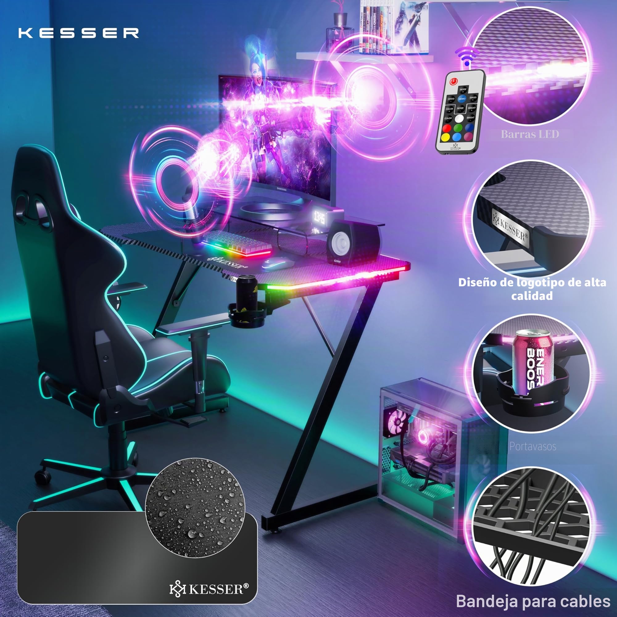 KESSER® Mesa Gaming | 120 x 60 cm | Incl. LED | Escritorio para Gamer en Forma de Z | Soporte para Auriculares | Mesa ergonómica para Ordenador | Incl. Alfombrilla de ratón y Soporte
