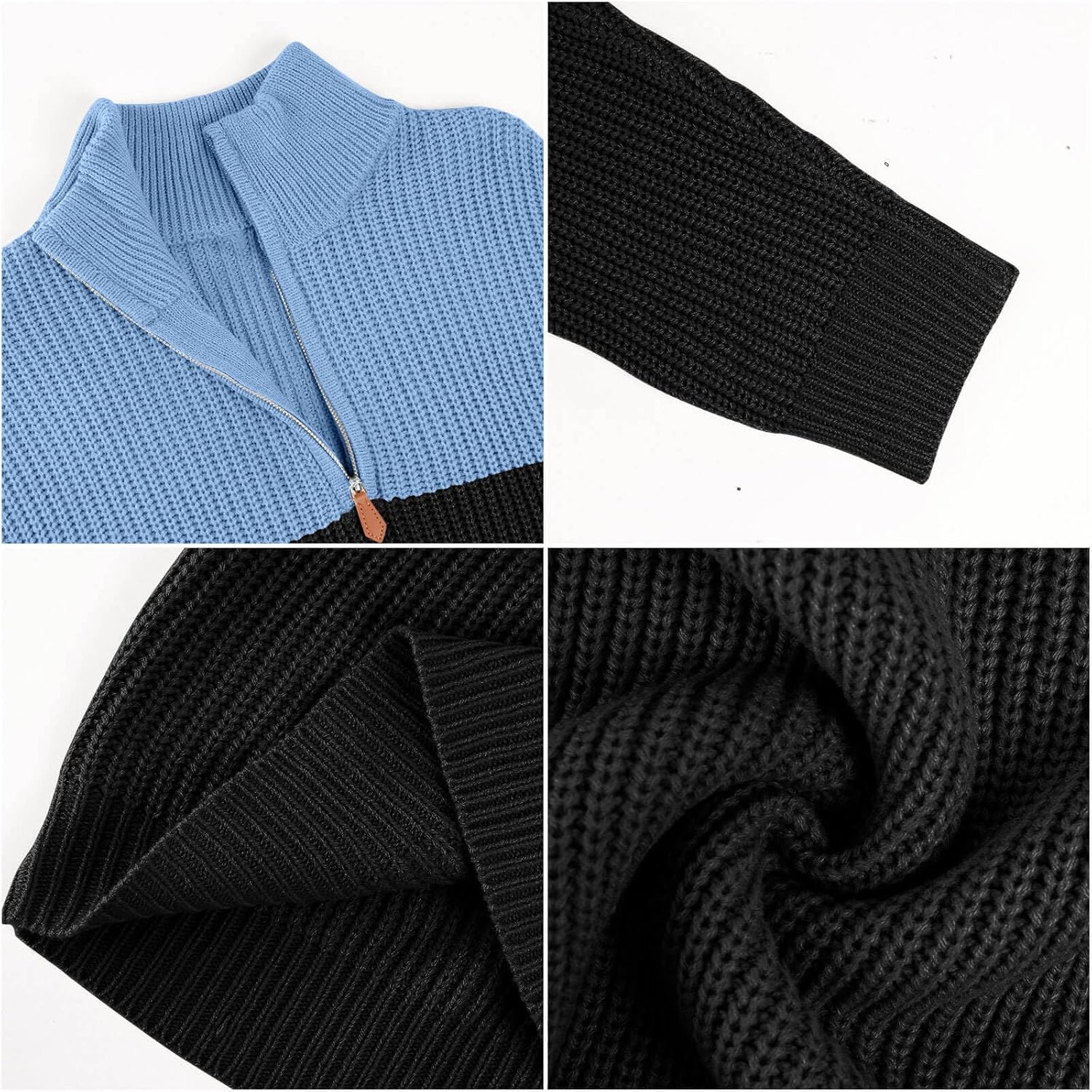 Lexiart Men's Pullover Sweater Mockneck Quarter Zip Color Block Ribbed Knit Thermal Sweaters - Image 4