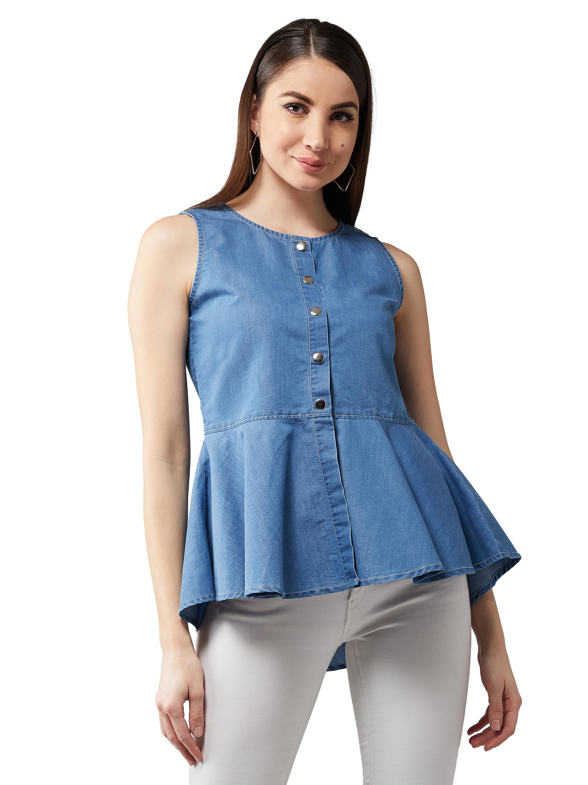 dolce crudo Womens Round Neck Puff Sleeve Solid Denim Peplum-picture-14