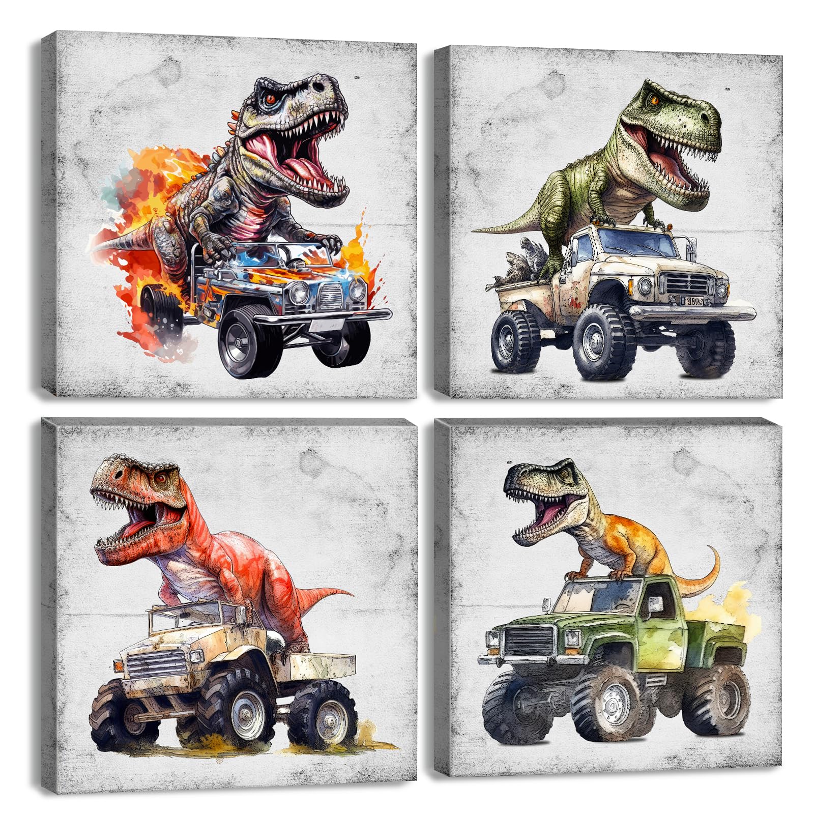 4 Pieces Dinosaur Wall Art Kids Boys Bedroom Wall Decor Dino Monster Truck Pictures for Playroom Colorful Dinosaur Paintings Cute Animals Posters