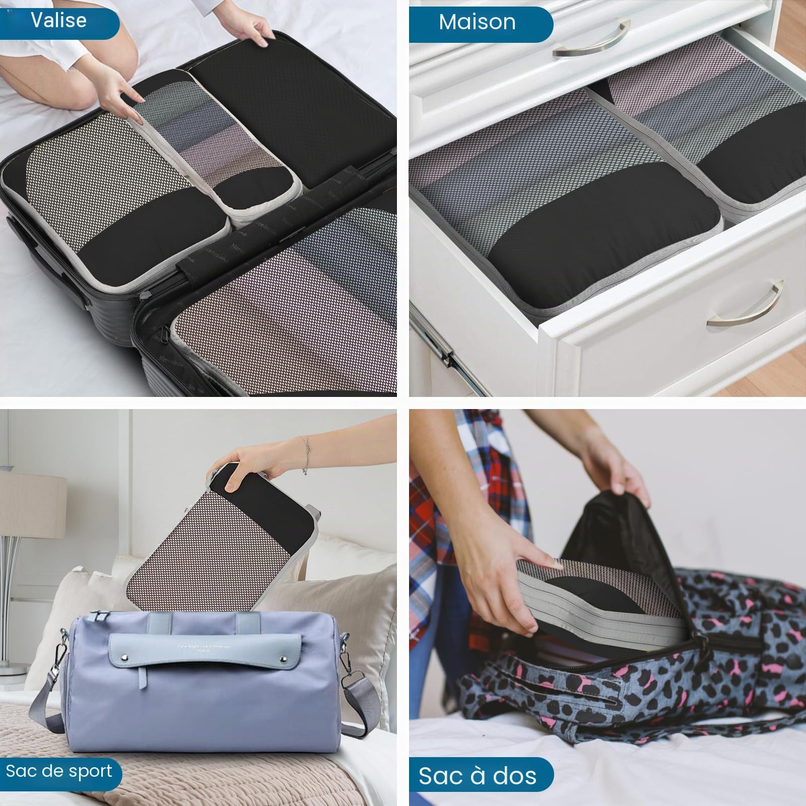 Cubes de rangement compressibles pour valises cabine Sacs de rangement pour bagages compressibles 7 pièces Sacs de rangement compressibles extensibles pour essentiels de voyage