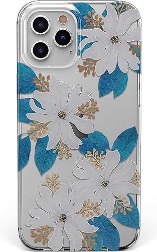 Casely Funda para iPhone 11 Pro Max  Funda floral transparente azul y dorada