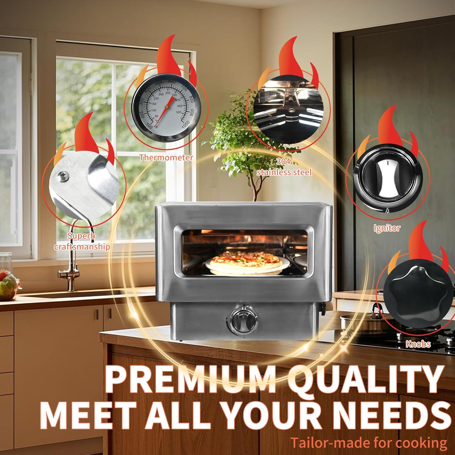 Gas Fired Pizza Oven - 12" Portable Outdoor Gas-Powered Oven with Pizza Stone, Countertop Stonebaked Pizza Maker (Silver)