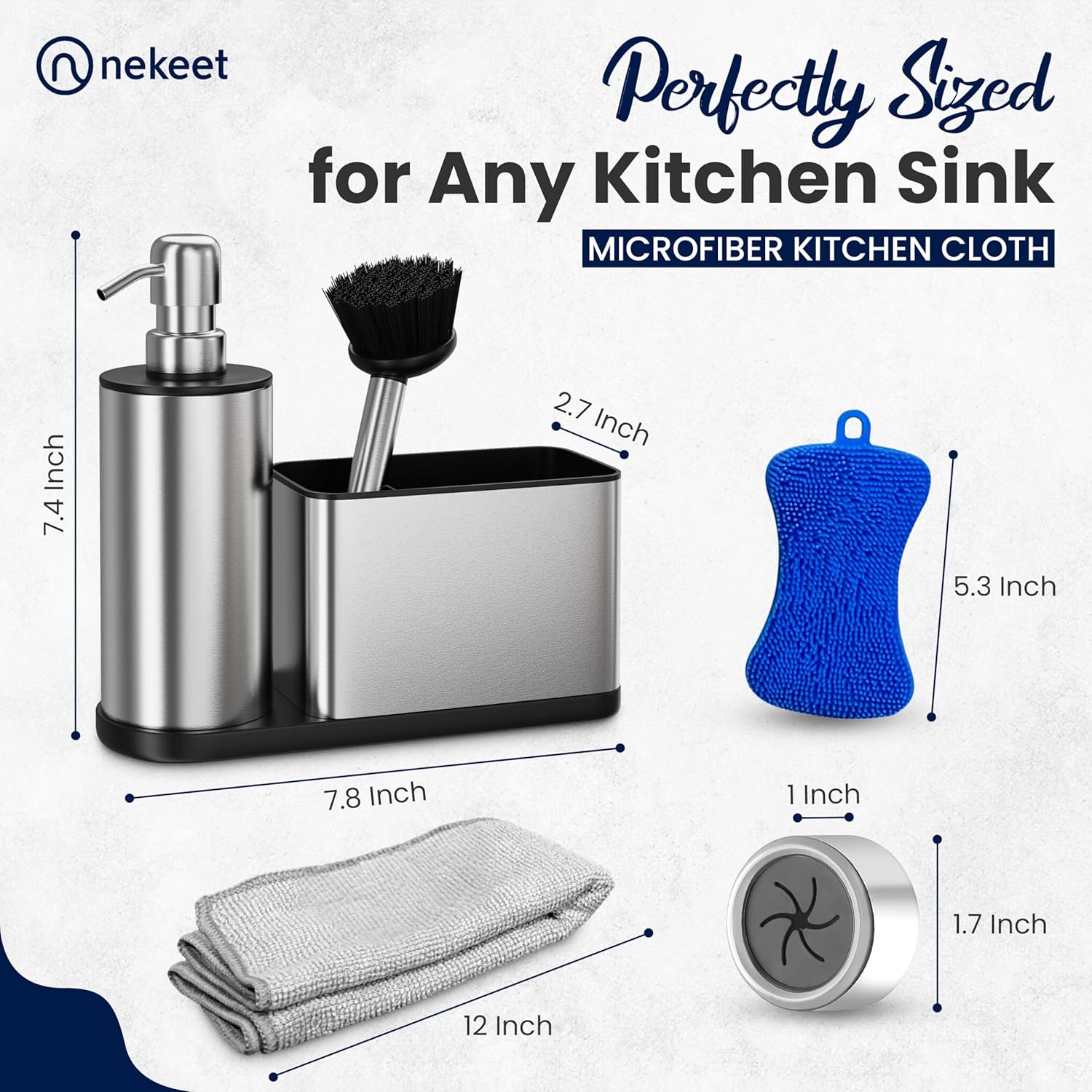NEKEET All-in-One Kitchen Soap Dispenser Set with Sponge Holder – Stainless Steel Dish Soap Dispenser for Kitchen Sink Organizer with Silicone Sponge, Brush, Towel & Adhesive Hook