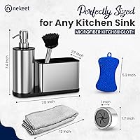 Vista 2 de NEKEET Juego de dispensador de jabón de cocina todo en uno con soporte para esponja, dispensador de jabón para platos de acero inoxidable