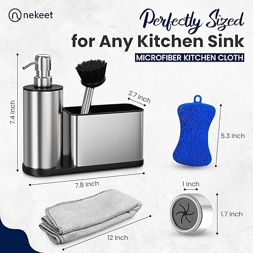 Miniatura 2 de NEKEET Juego de dispensador de jabón de cocina todo en uno con soporte para esponja, dispensador de jabón para platos de acero inoxidable para