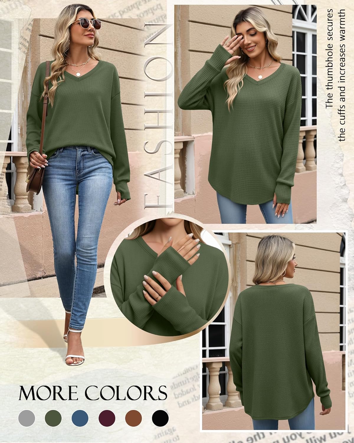 Women's Long Sleeve Waffle Knit Tops V Neck Curve Hem Long Shirts with Thumb Hole Oversized Casual Tunic Fall Shirt - Image 4