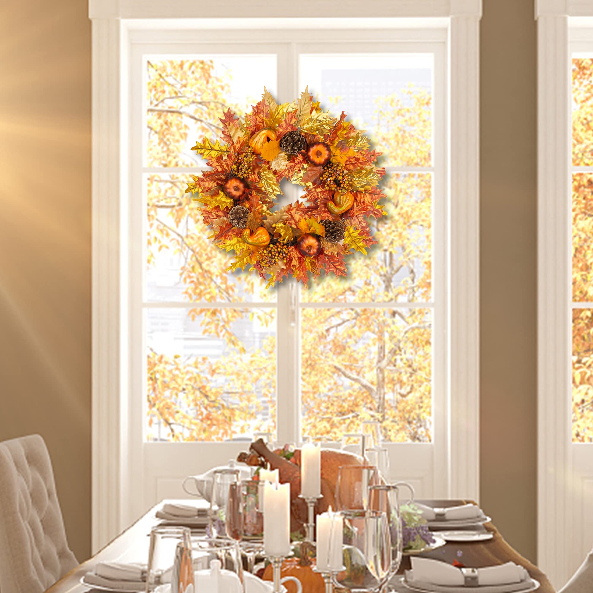 Coronas De Velas De Otoño - Pack De 2, Hojas De Arce Artificiales, Diámetro 25 Cm, Para Decoración De Mesa