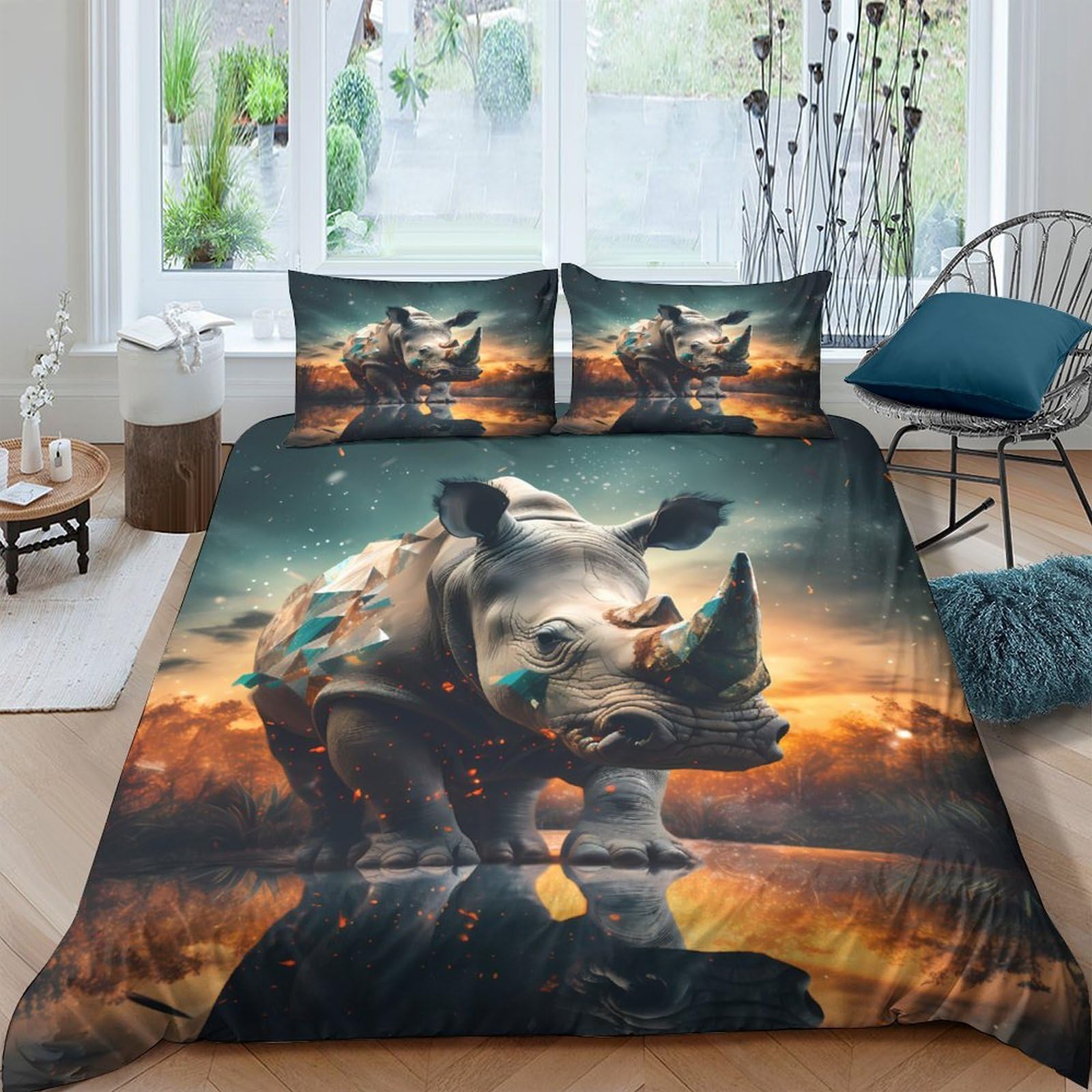 Ctjqhvkz Style-3 3D Printed Sunset Rhino Fitted Sheet Microfiber Soft Bed Cover Anti-Slip Machine Washable For Bedroom Dorm Apartment Decor Single（135X200cm）