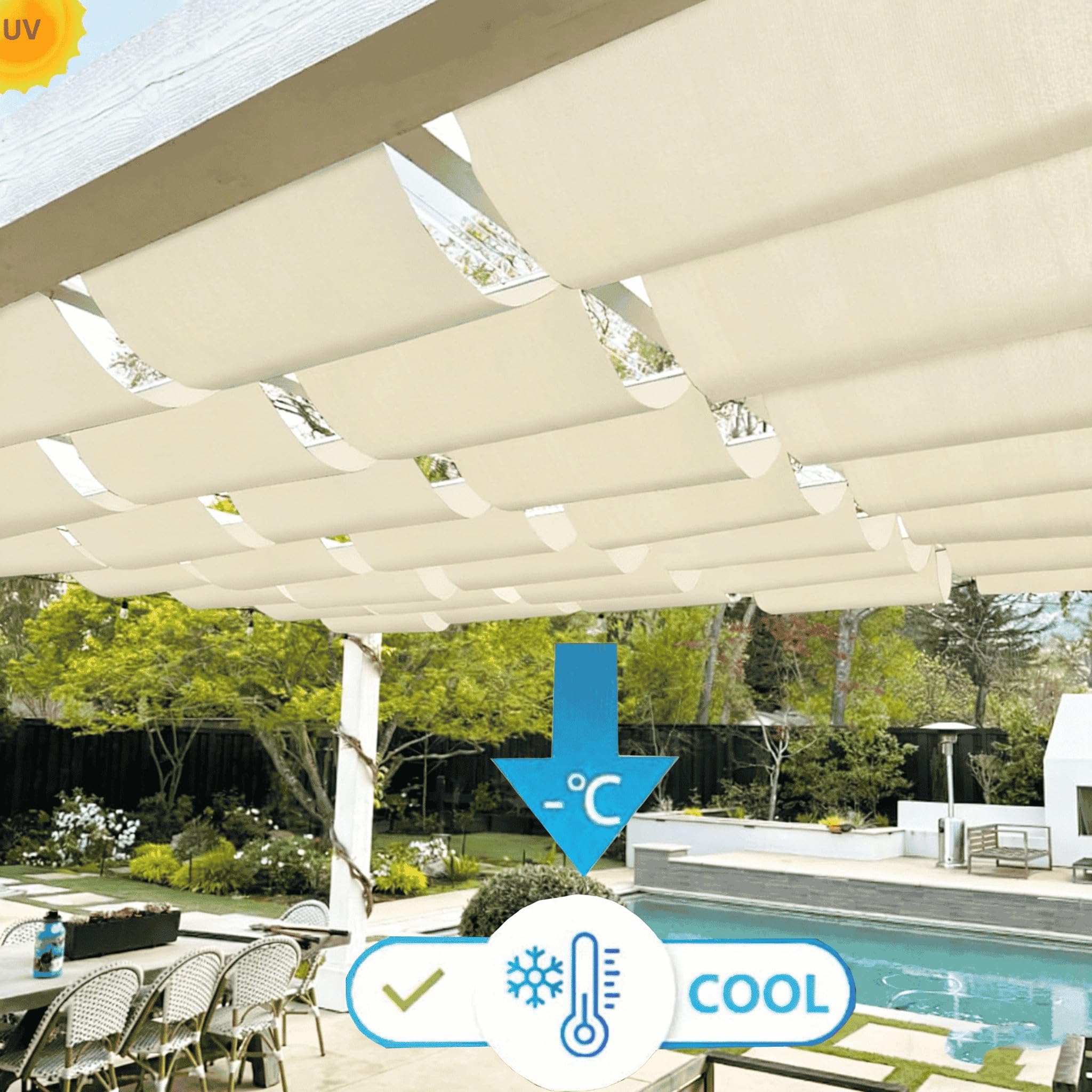Retráctil Ondulada Vela de Sombra 2.5x6m Impermeable Toldos Exterior Rectangular Protección Rayos UV Resistente al Desgarro para Terraza Balcon Exterior Jardín con Ojales y Cuerdas Crema
