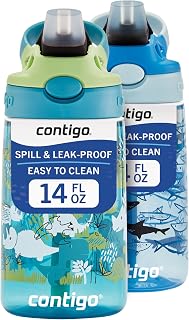 Contigo Aubrey Kids Water Bottle 2-Pack, 14oz Spill-Proof Straw, Easy-Clean Lid, Dishwasher Safe, Dinos & Sharks for Ages 3+