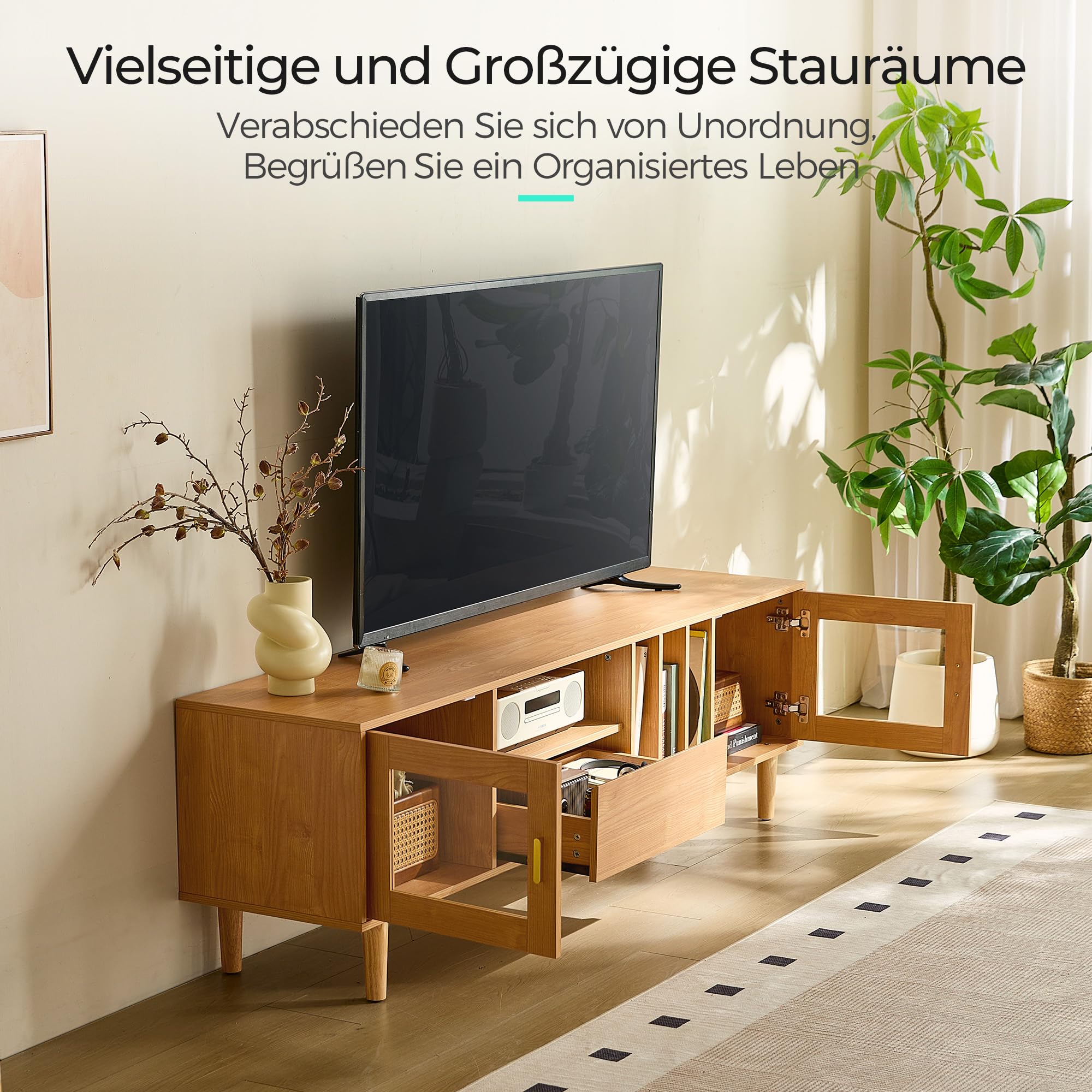 LINSY HOME TV Schrank, TV Lowboard mit 2 Türen und 1 Schubladen, Fernsehtisch mit Einlegeboden, Fernsehschrank für TVs bis 70 Zoll, 175 x 40 x 52 cm
