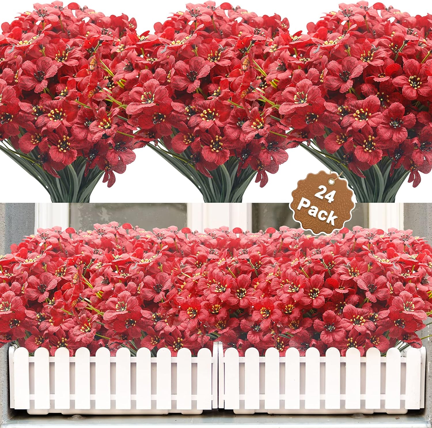 Aufind 24 Bundles Artificial Flowers, Outdoor Indoor UV Resistant Fake Flowers No Fade Faux Plastic Greenery Shrubs Garden Porch Window Box Decorating