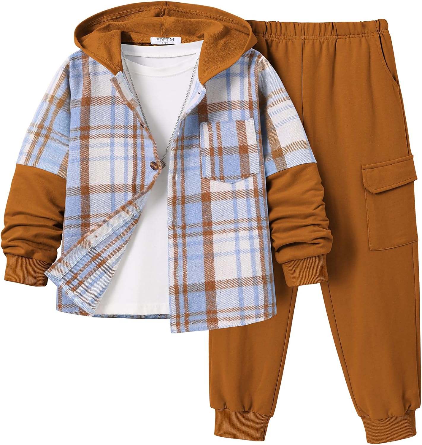 2Pcs Boys Clothes Sweatsuit Set Hoodie Flannel Plaid Shirt and Jogger Pants for Kid...