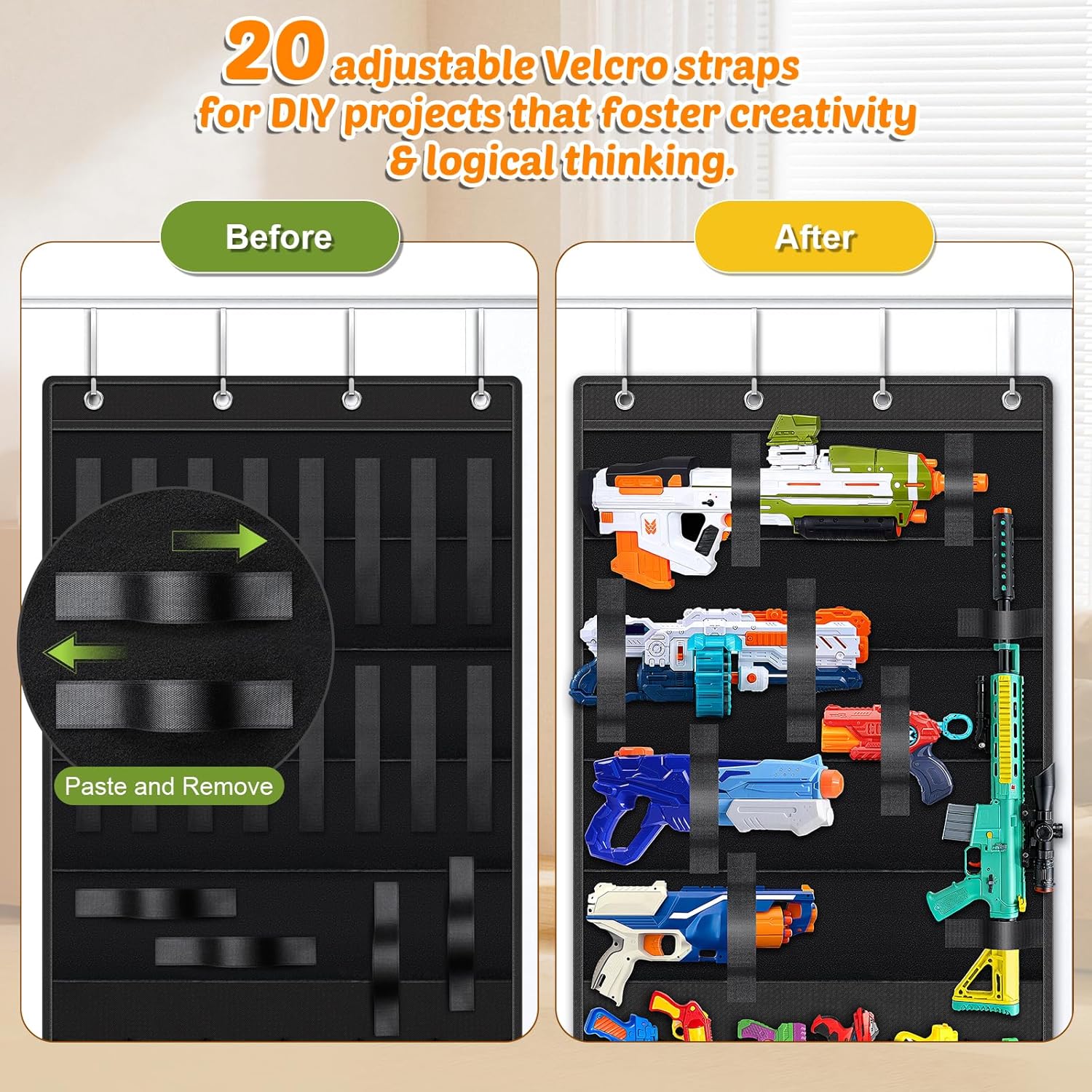 Over the Door Toy Organizer Multi-Function Toy Gun Storage Hanger with 12 Pockets for Toy Guns, Foam Blasters, Nerf Darts, Bullets, Goggles & Accessories