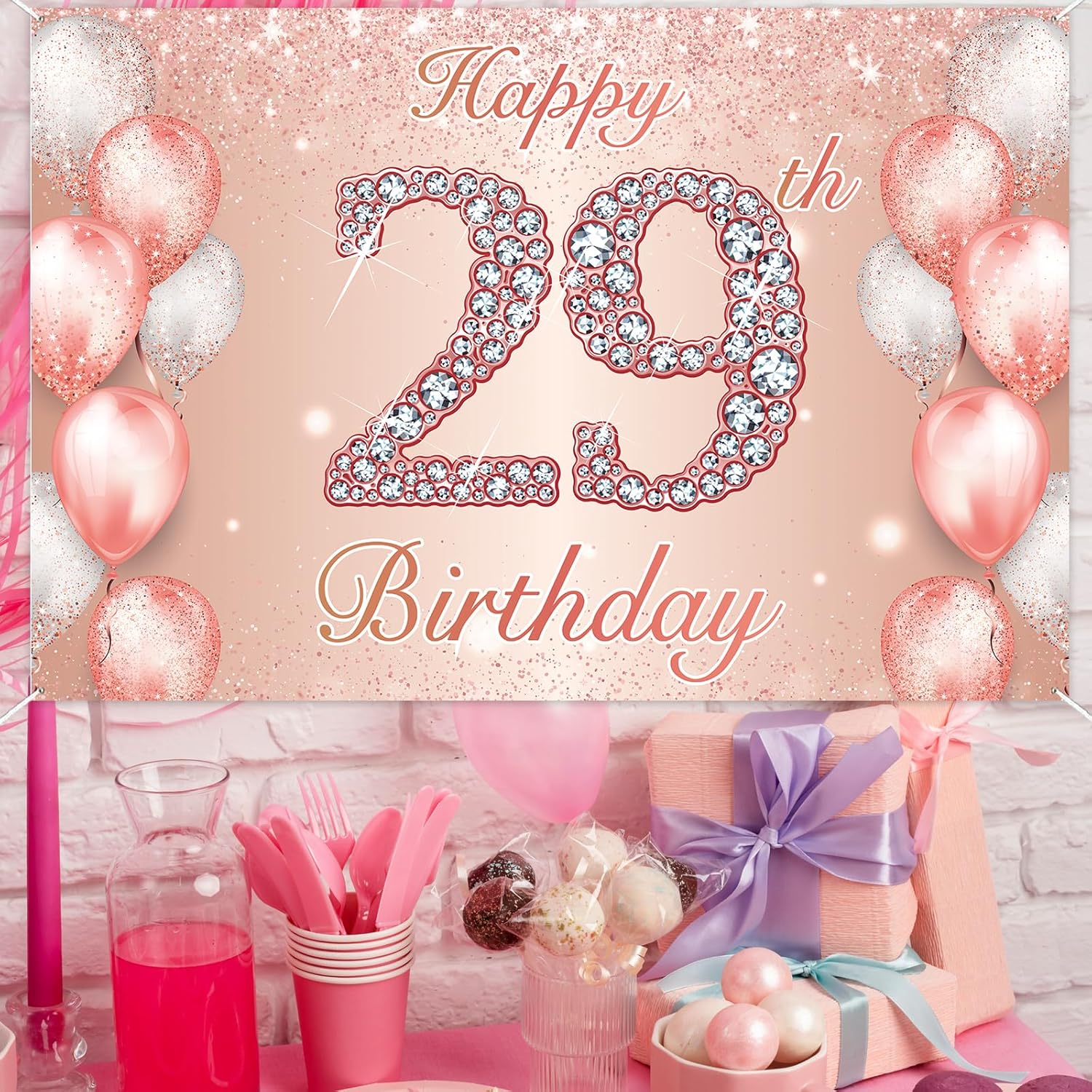 Happy 29th Birthday Rose Gold Banner Cheers to 29 Years Old Backdrop Confetti Balloons Theme Decor for Women 29 Years Old Pink Birthday Party Decorations Bday Supplies Background Favors Gift Glitter - Image 6