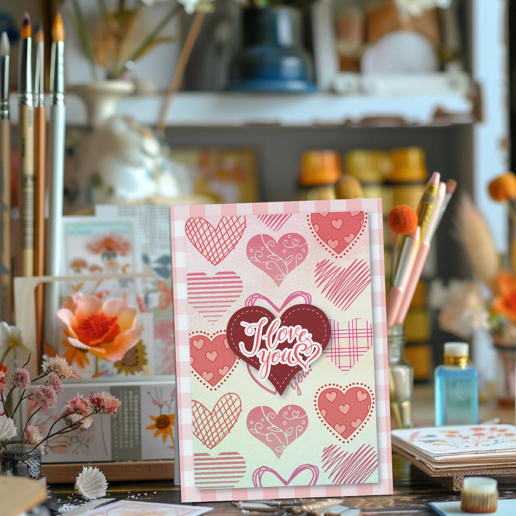 Valentine's Day Clear Rubber Stamps Set - Heart Bottle Background & Love Words For Card Making & Scrapbooking