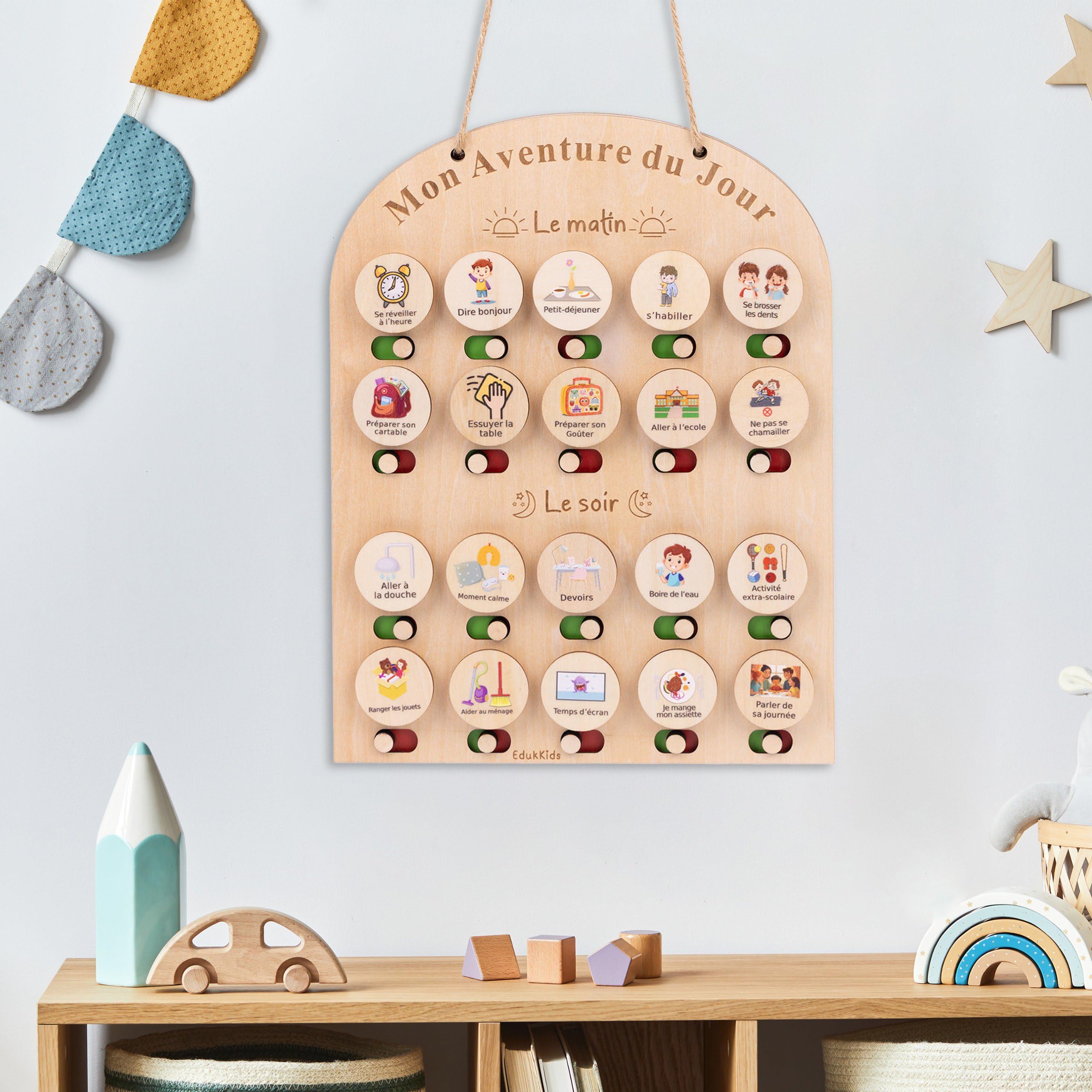 Tableau tâches quotidiennes enfant en bois– Planning Journalier Montessori avec 50 tâches et Pictogrammes Organisateur visuel éducatif - Aide à l'organisation et à l' autonomie de ton enfant