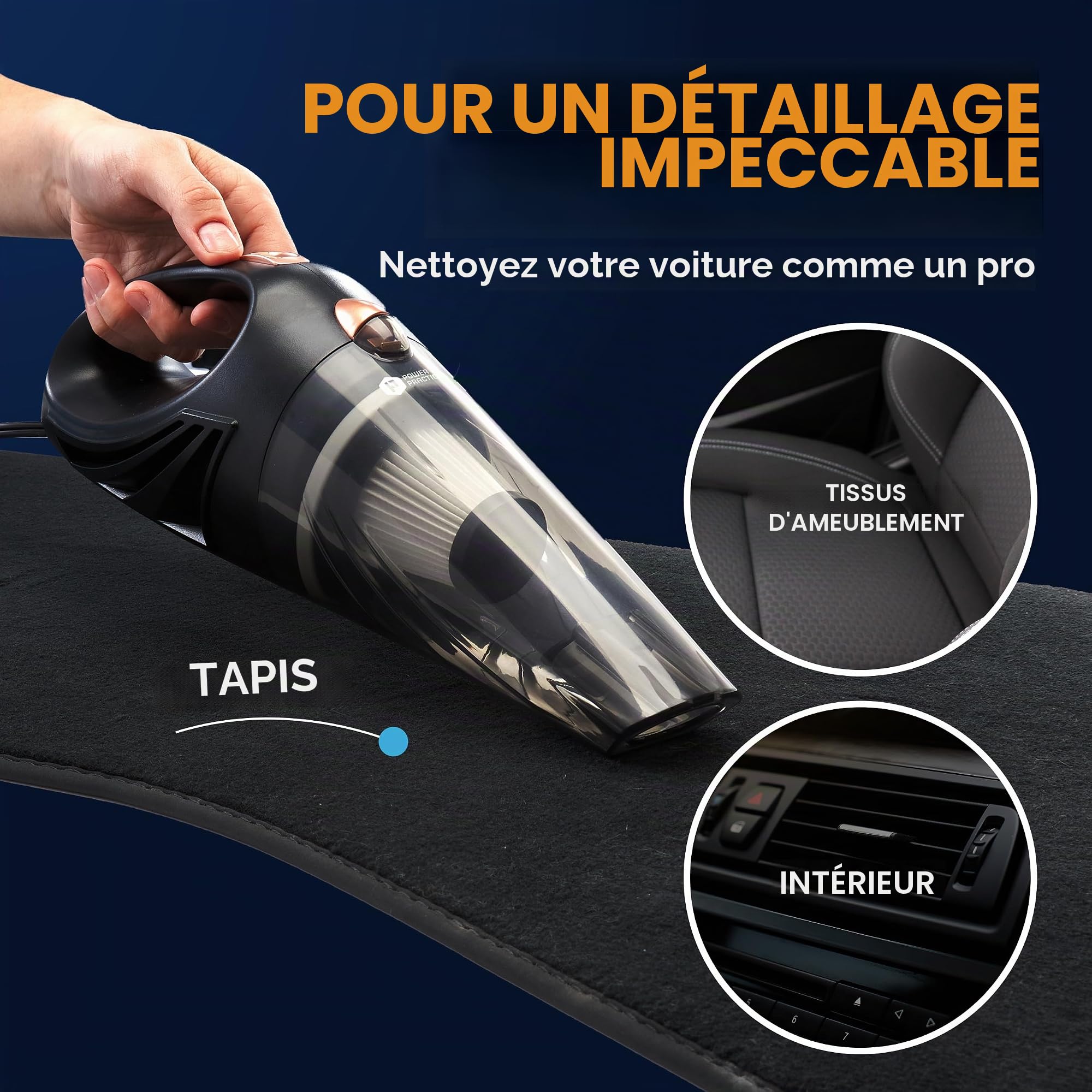 ThisWorx Aspirateur Voiture Puissant - Mini Aspirateur à Main 110W, 12V avec 3 Embouts et Sac de Transport, Cordon 5 m, Accessoire Voiture - Noir
