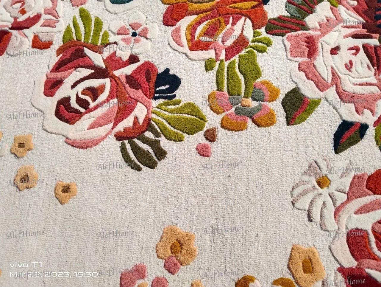 Hand Tufted Wool Rug, Luxurious Colorful Floral Pattern Wool Carpet, Elegant Flowers Patchwork Rug for Living Room, Ideal for High Traffic Areas Bedroom, Hallway (Cream, 9x12 ft)
