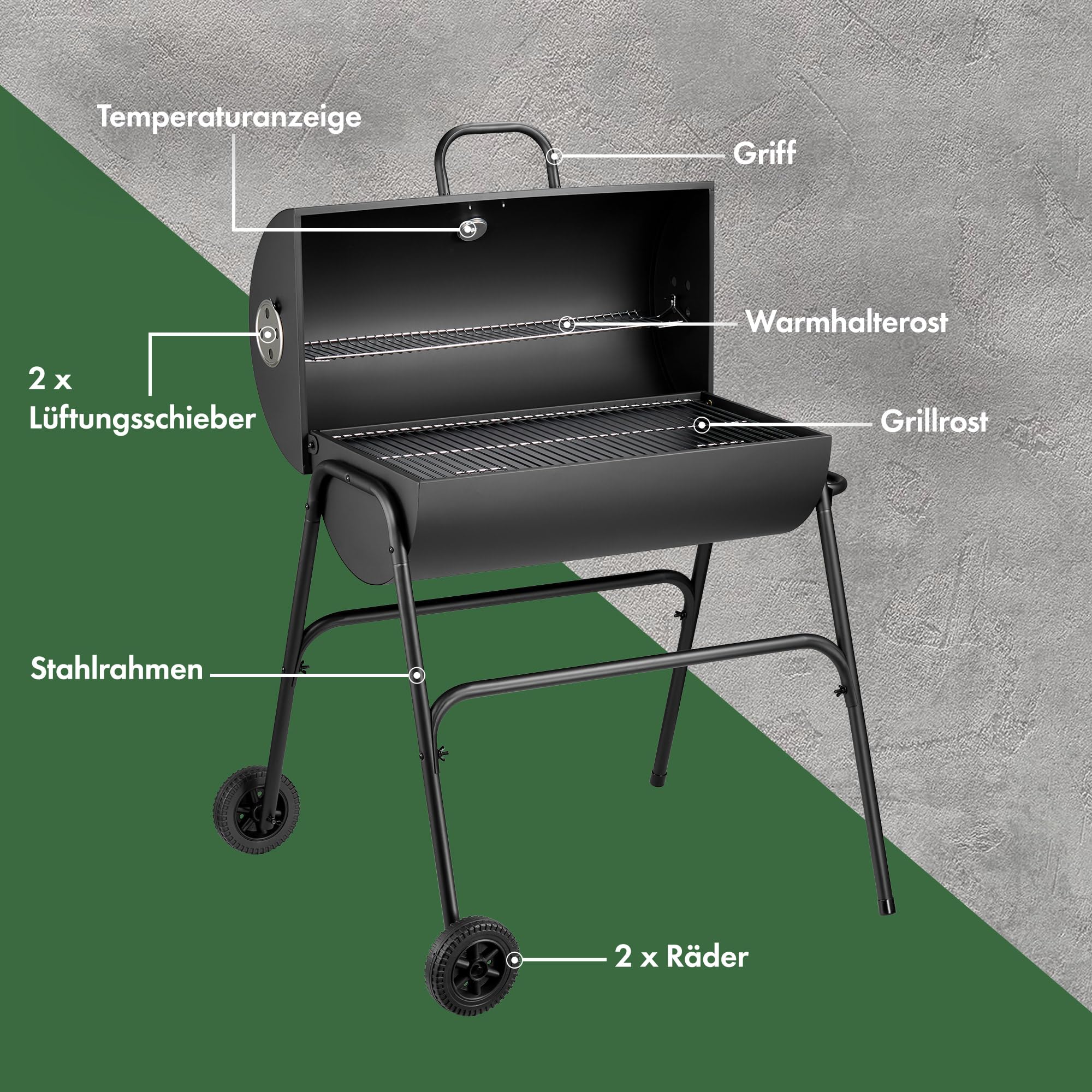 VonHaus Holzkohlegrill mit Deckel, W70 x D35cm Grillrost | Tragbarer BBQ Grillwagen mit Rädern, Warmhalterost und Temperaturanzeige, 2-in-1 Barbecue Smoker für Fleisch, Fisch & Gemüse