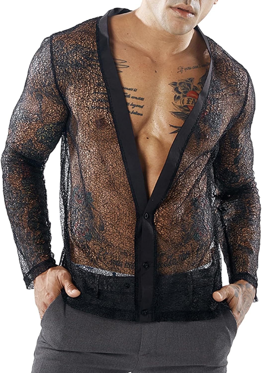 Men's Mesh Sheer Solid Long Sleeve Deep V Neck Button Down Party Shirts Summer Tops