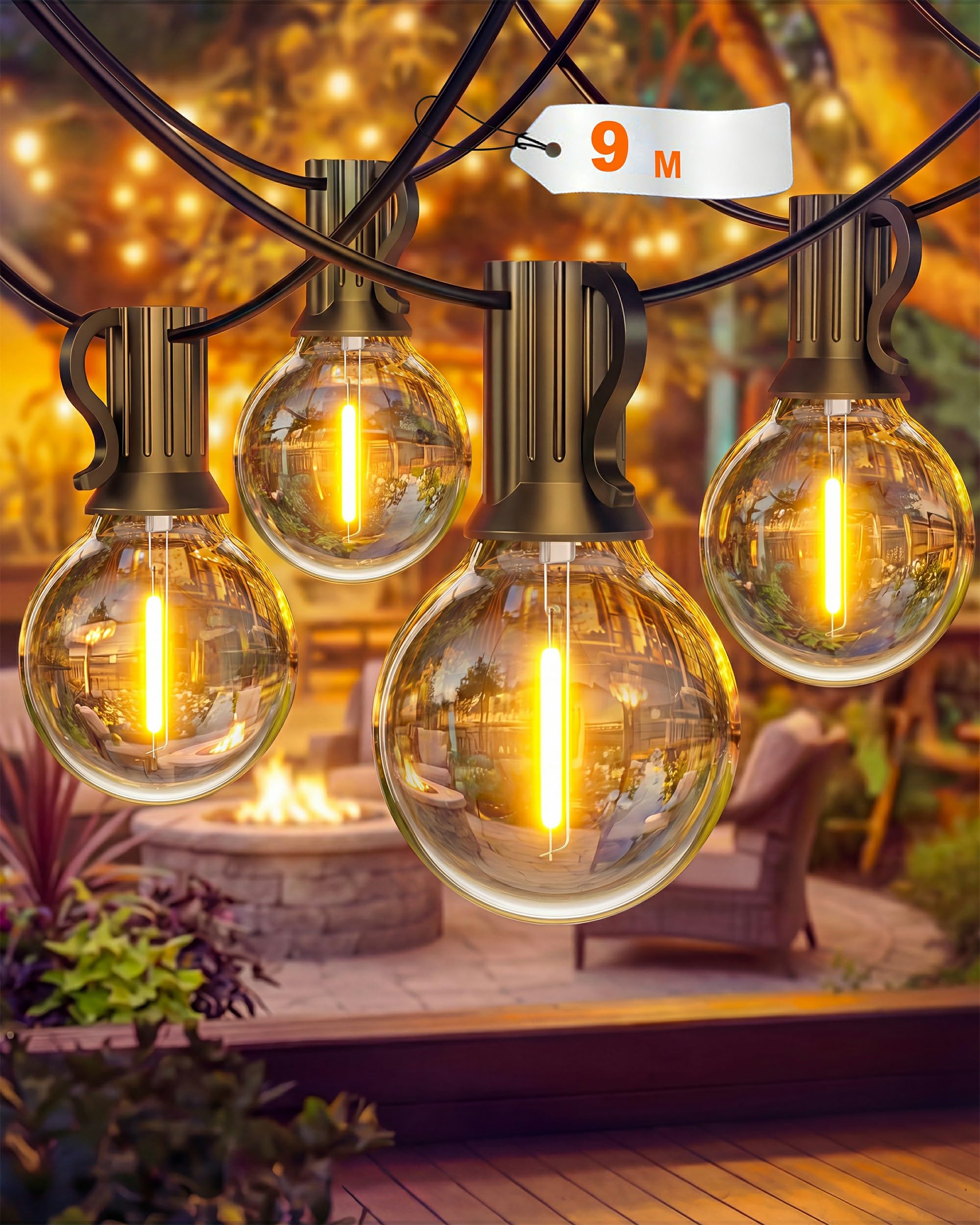 Pesken Outdoor String Lights Mains Powered, 30FT/9M Festoon Lights Outdoor