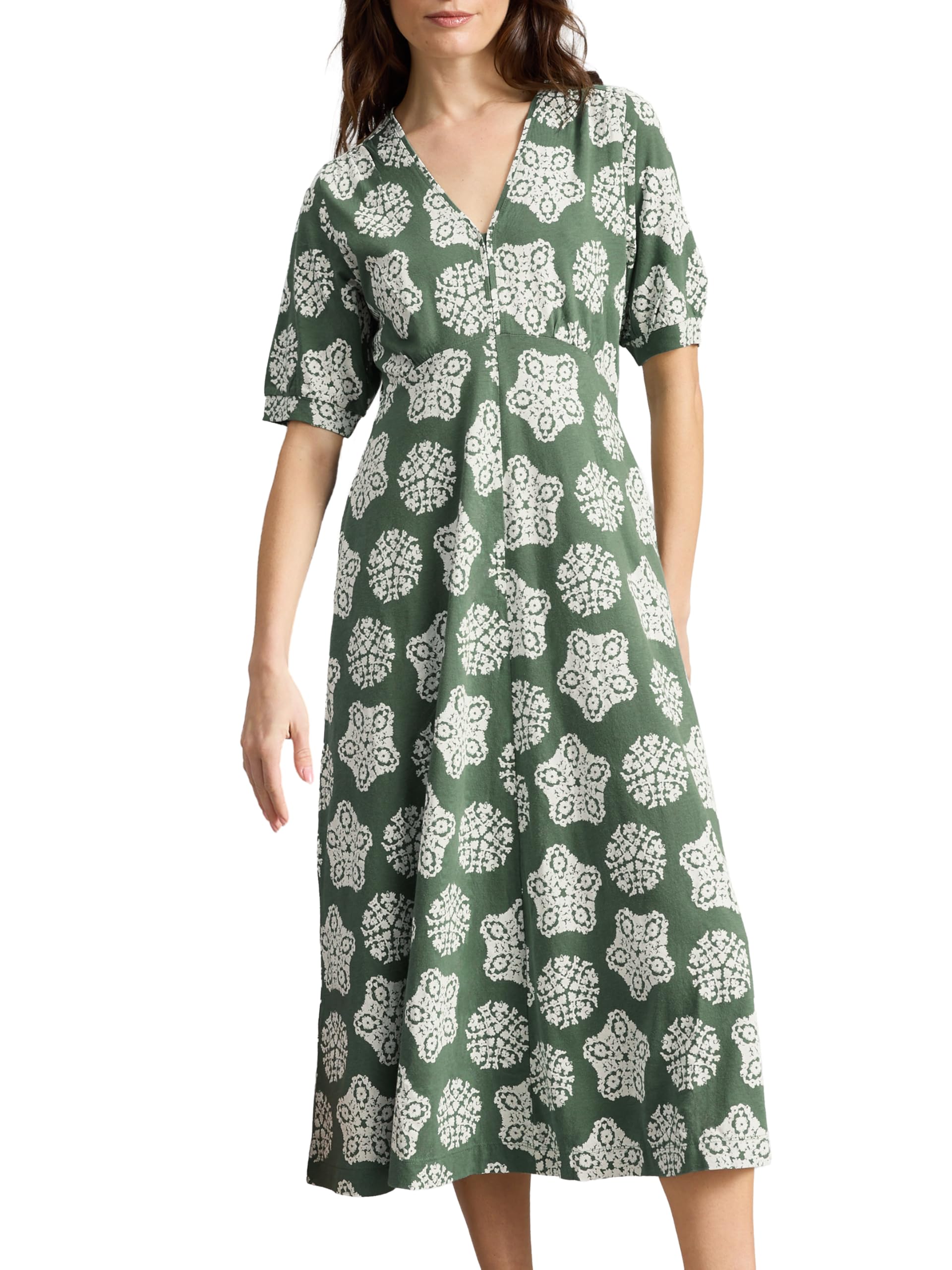 White Stuff Megan Jersey Dress - Long Sleeve V-Neck Dress for Comfort and Style - Green PR - Size 38R