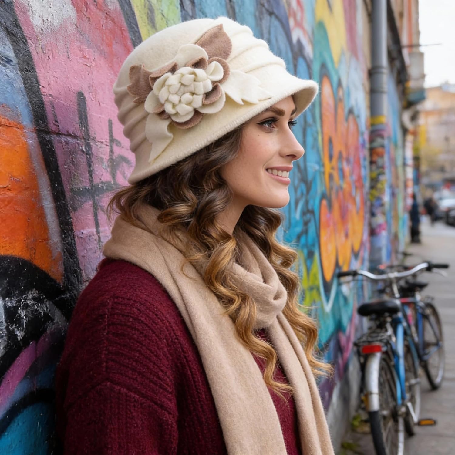 Vintage Women Floral Wool Dress Cloche Winter Hat 1920s - Image 4