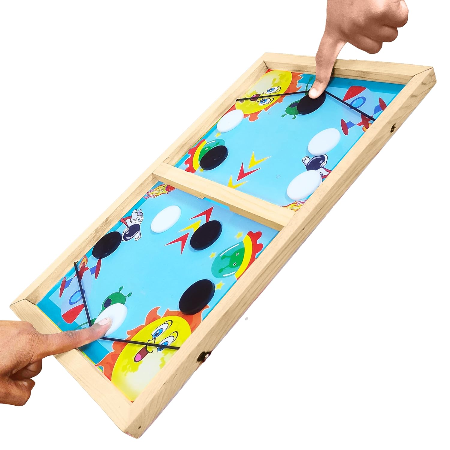 VGRASSP Fastest Finger Wooden Board Game for Kids & Adults – String Hockey Sling Puck Birthday Gift for Family Entertainment – Made with Pine Wood Structure (14 Inch Random Design)