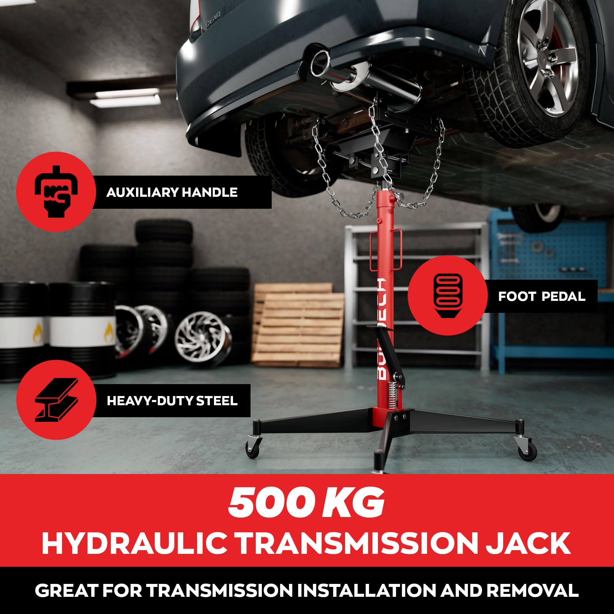 Boudech Hack - Sollevatore Ingranaggi idraulico da Fossa max 500Kg H210 cm per Trasmissione Motore Auto con Ruote in Acciaio Rosso