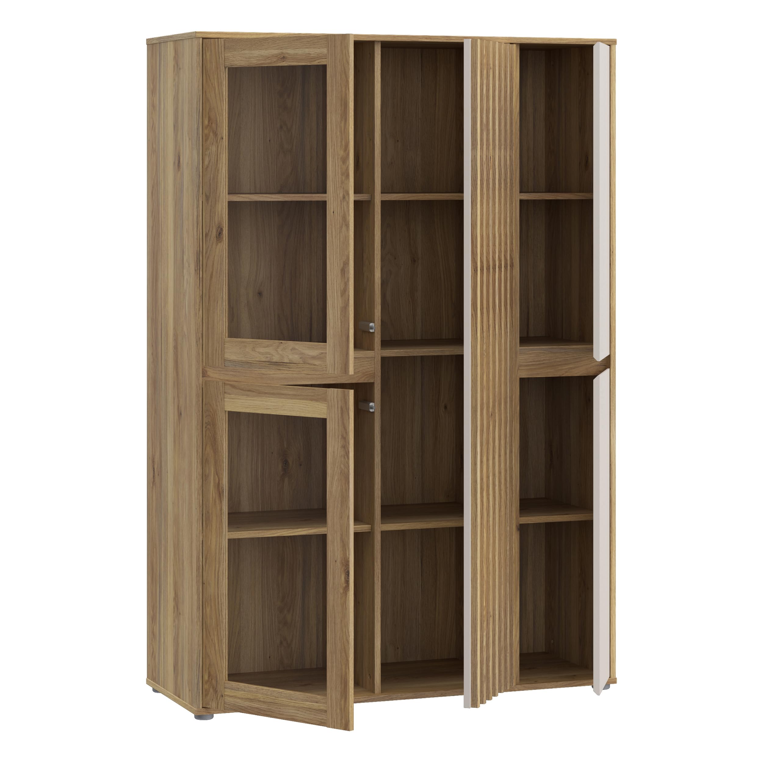 Forte ELISTON Vitrine 100 110, moderner Schrank mit Lamellendesign, 5-türig, Wohn-/Schlafzimmer, Mauvella Eiche Holzdekor|Kashmir Beige, 109,3 cm breit x 161,7 cm hoch x 41,5 cm tief