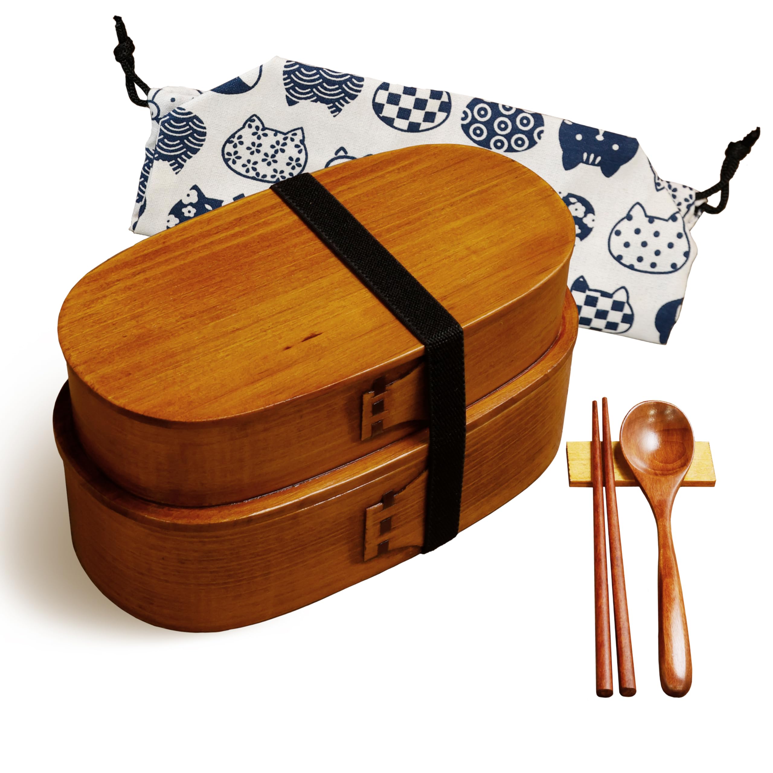 Kikumo Magewappa Two-Tier Bento Box 30oz Lacquered Wood With Chopsticks