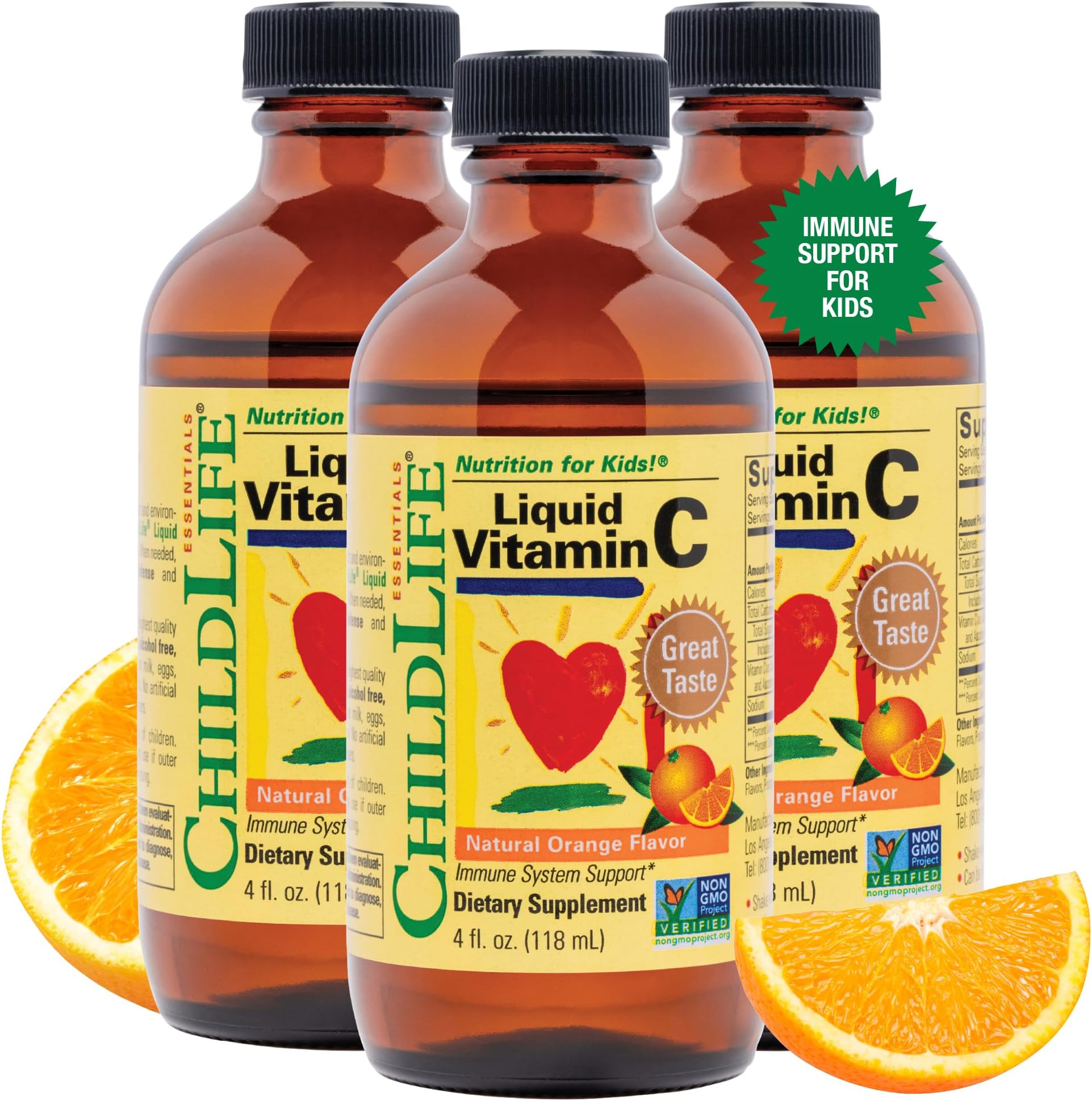 Liquid Vitamin C - Pure Vitamin C Liquid Supplement for Kids, Toddlers, & Babies, Immune System Support Drops, Low Sugar, Natural Orange Flavor - 4 Fl Oz (Pack of 3)