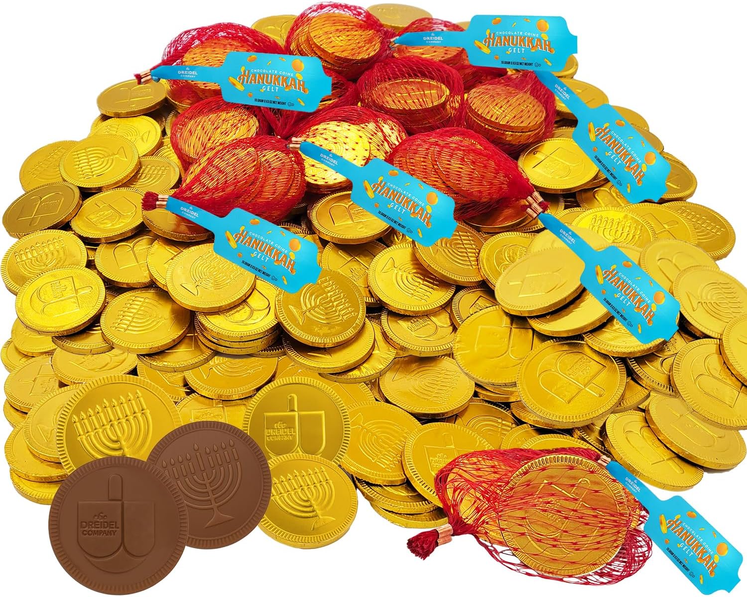 The Dreidel Company Hanukkah Chocolate Gelt Gold Coins in Mesh Bag, Milk Chocolate Coins, Kosher Certified Gelt (100 Mesh Bags)