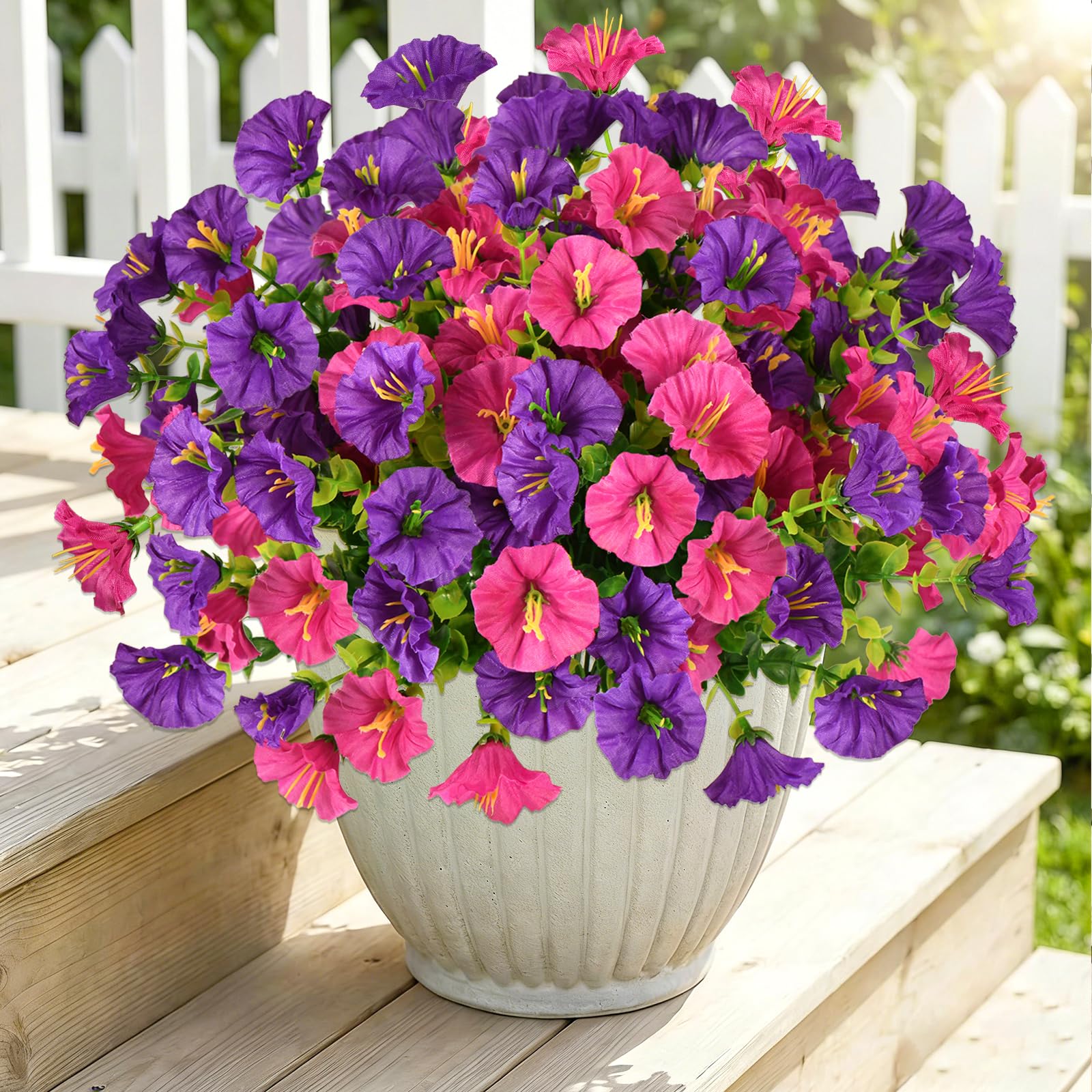 KUANINUNAR Artificial Flowers Outdoor Fake Flowers Spring Decor 4 Bundles Silk Morning Glory Fake Eucalyptus Plant UV Resistant Faux Plastic Flower Bulk for Porch Patio Home Yard Garden (4, Fuchsia)