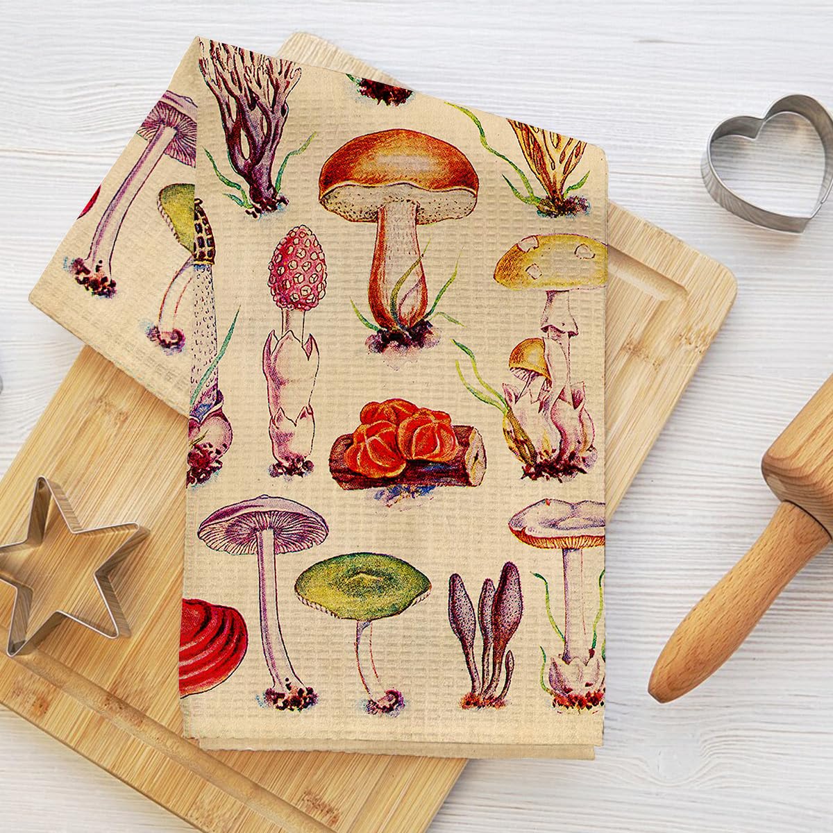 Vintage Mushroom Chart Kitchen Towels, Botanical Decorative Absorbent Microfiber Dish Cloth Tea Towel, Waffle Soft Hand Towels for Kitchen Home,
