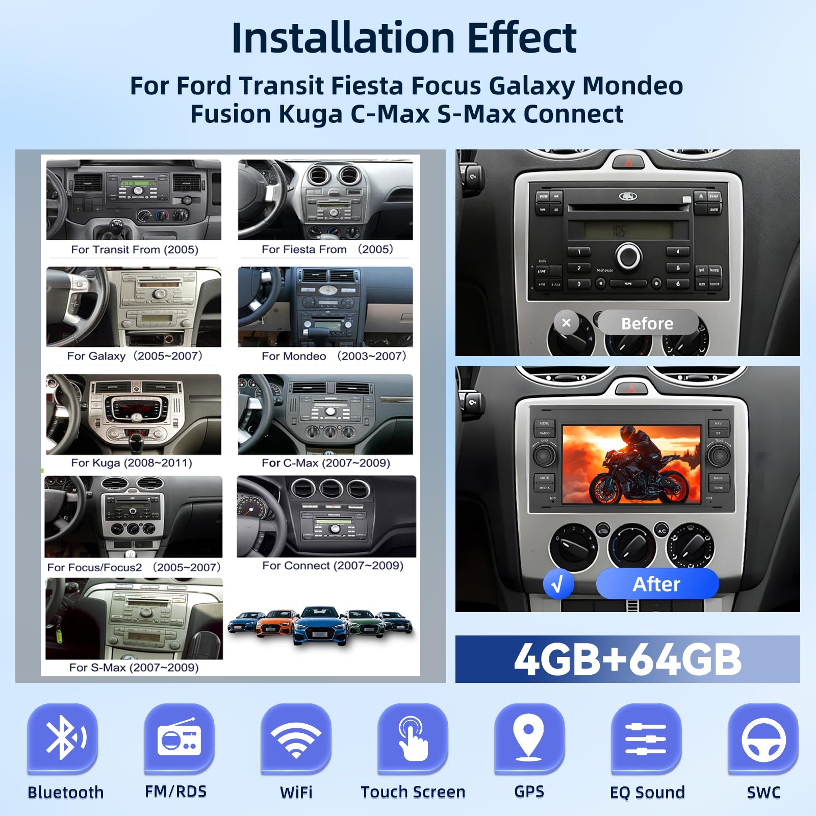 Android-Autoradio für Ford Transit Fiesta Focus Galaxy Mondeo Fusion Kuga C-Max S-Max Wireless Carplay & Android Auto, [4+64G] Autoradio mit GPS, WLAN, 32EQ, Bluetooth 5.0, FM/RDS-Radio