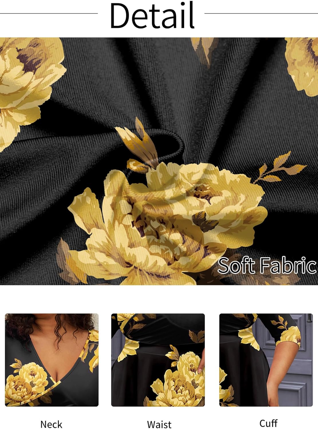 CLOCOR Women's Plus Size Midi Dress 3/4 Sleeve A-Line Swing Dress V Neck Flowy Casual Dresses - Image 5