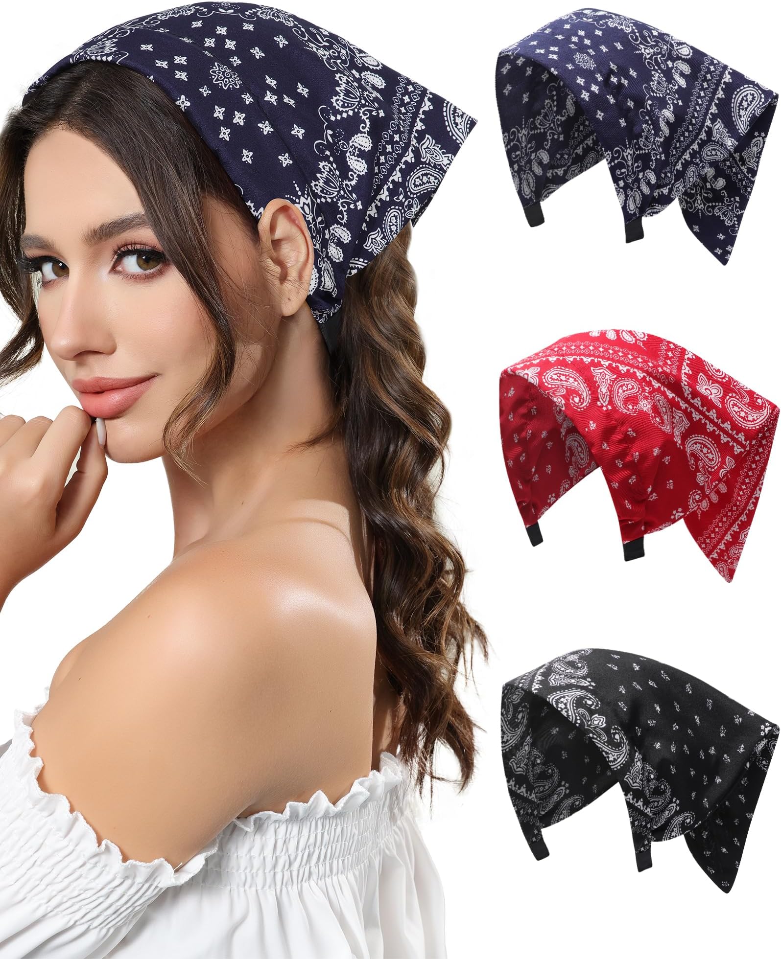 AWAYTR 3pcs Hair Bandana for Women Girls Hair Scarf Headband Bandana Double Layer Triangle Head Kerchief Boho Hair Band