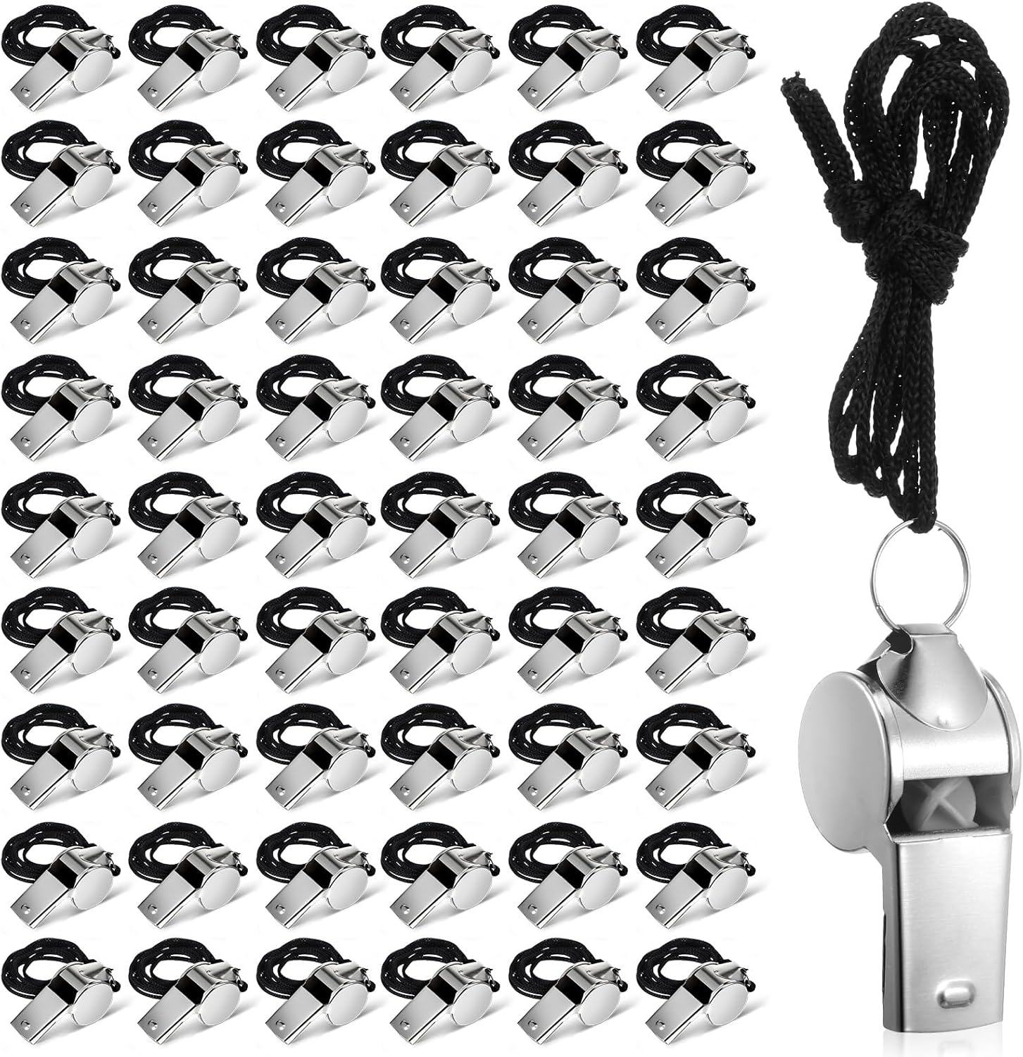 Sibba 100 Pack Whistle with Lanyard Stainless Steel Sports Coach Whistles for Adults, Whistles Bulk Loud Crisp Sound Whistle Ideal for Coaches, Referees, Official, Survival Kits & Outdoor Safety