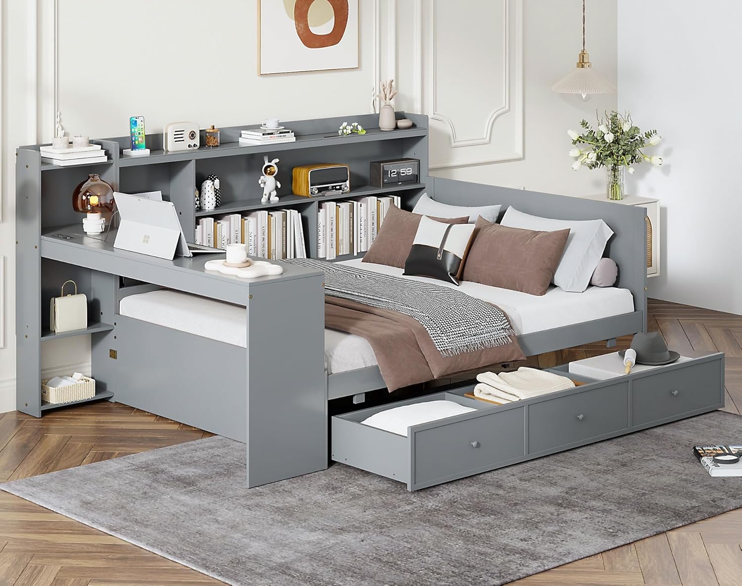 Merax Twin Size Corner Day Bed Frames with USB Outlets Desk and 3 Storage Drawers & Shelves Headboard, Pinewood Captain Daybed for Small Room, Bedroom, Guest Room, Kids' Room, Grey