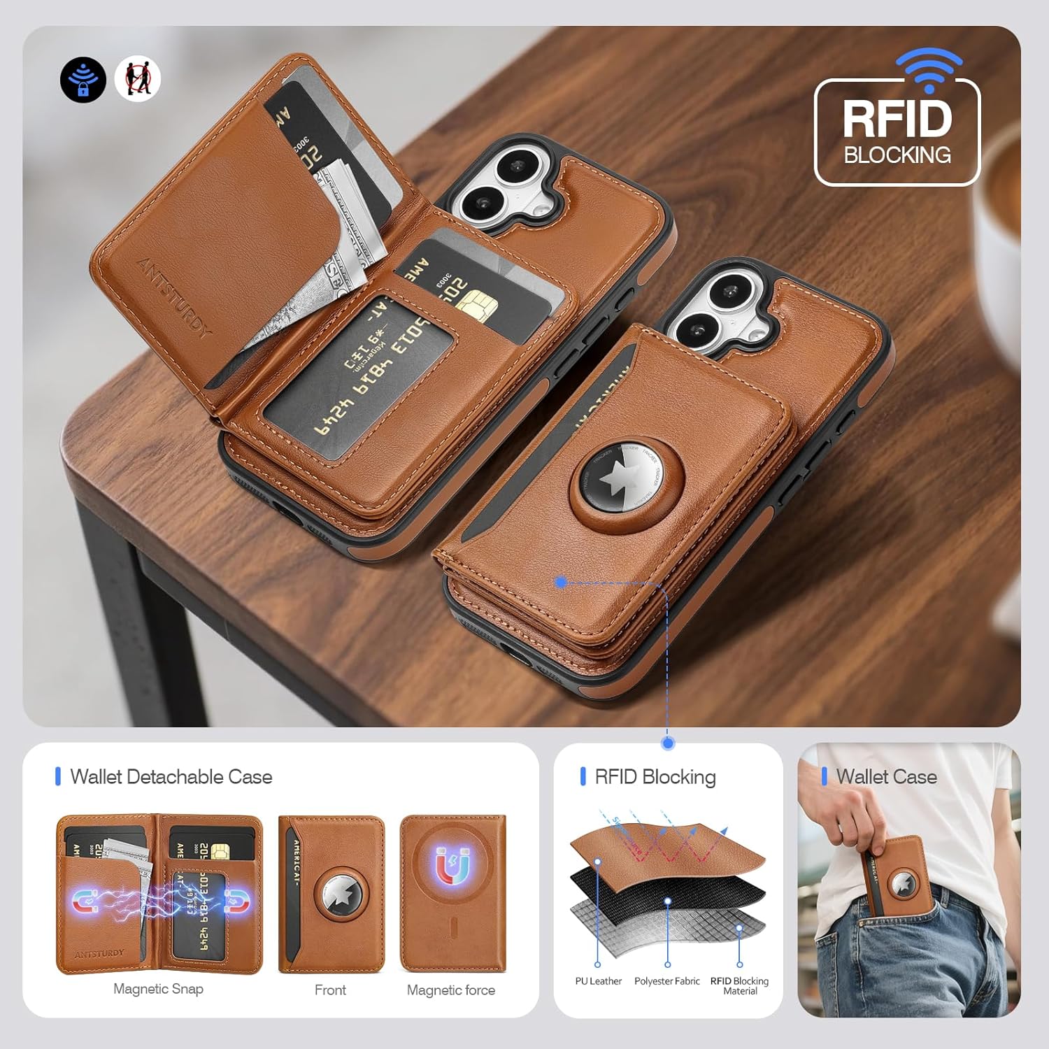 Antsturdy Compatible with MagSafe 2 in 1 Detachable Magnetic iPhone 17 Case Wallet with AirTag Holder,Men Women PU Leather RFID Blocking Credit Card Holder Slots Flip Cover Kickstand,Brown - Image 2