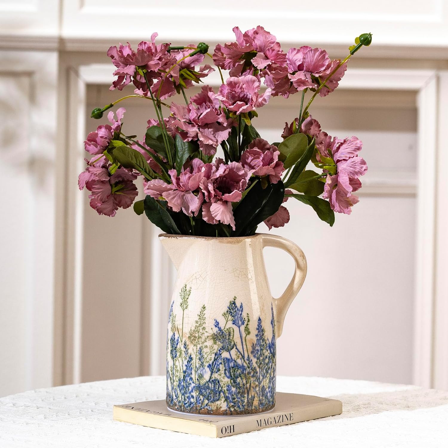 Navy Blue and Green Vintage Ceramic Floral Pitcher Vase, Rusitc Farmhouse Beige Decorative Flower Vase for Home Decor, Living Room, Rustic Table Centerpiece, Grand Millenial & Tuscan Decor 7.3 in - Image 6