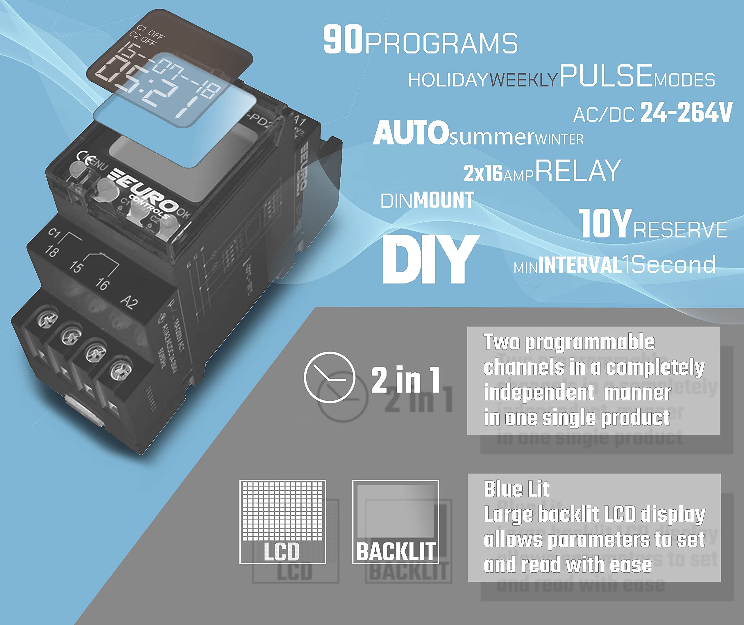 EuroControls Euro Controls EDT-PD2 German Tech - 2 Independent Channel Timer - 24 to 265 V AC/DC - LCD Backlit - 80 Programs Daily/Weekly/Pulse/Holiday modes - Electronic Timer Switch relay 1