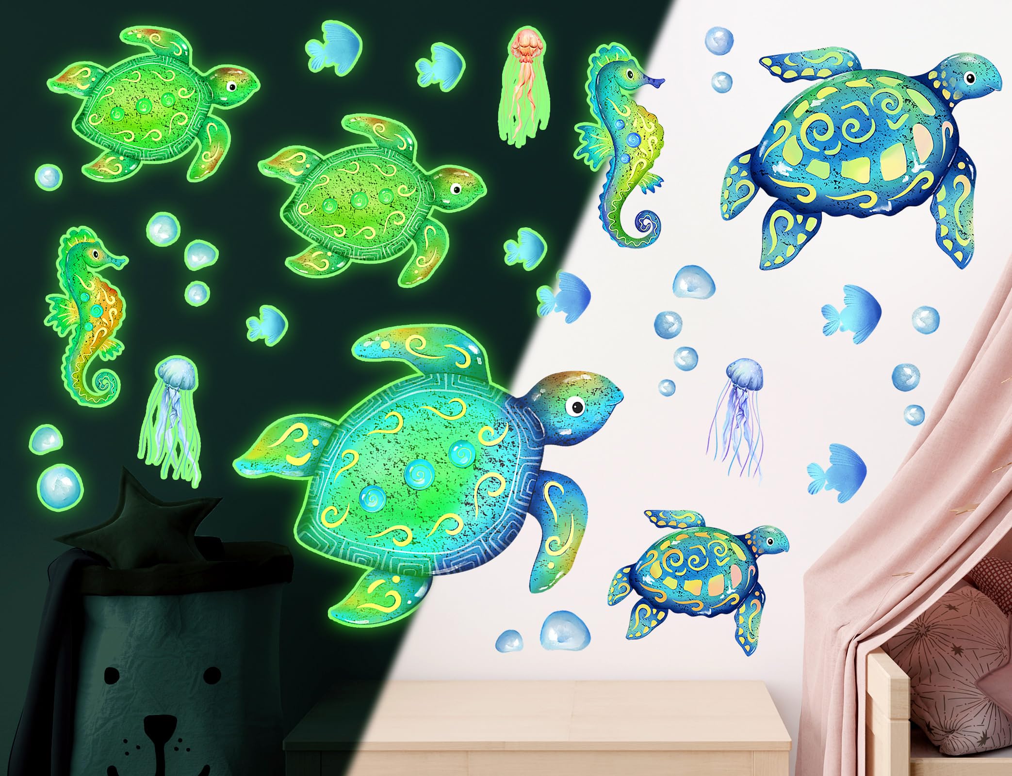 Glow in The Dark 3D Under The Sea View Wall Decor Glowing Ocean Animals Wall Sticker DIY Peel and Stick Luminous Sea Turtles Whales Wall Decals for Kids Baby Bedroom Nursery Living Room (Sea Turtle)