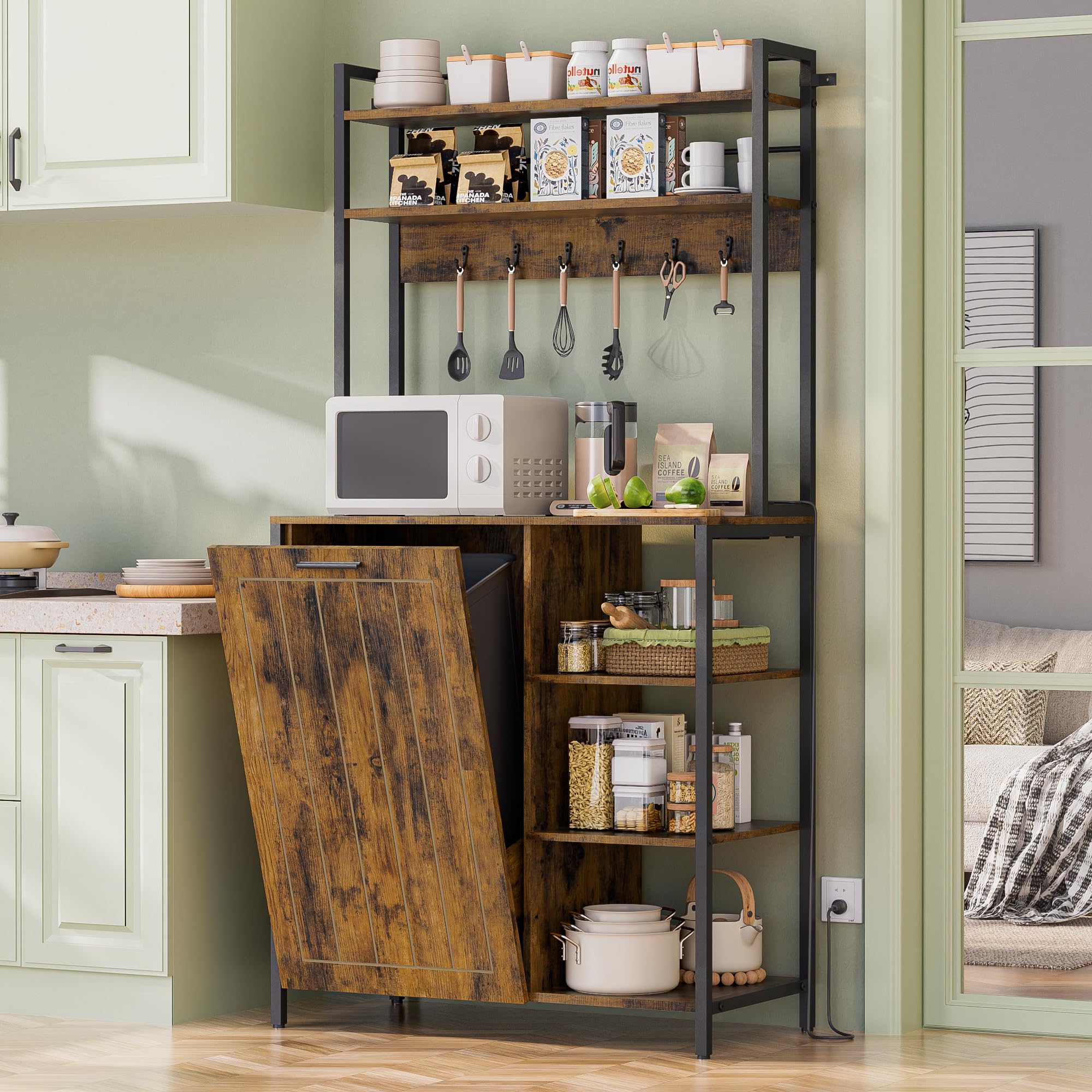 Dephet Kitchen Bakers Rack with Storage Shelf - 6-Tier Microwave Stand Oven Cabinet W/Tilting Trash Can Bin and Power Outlet, Farmhouse Thickened