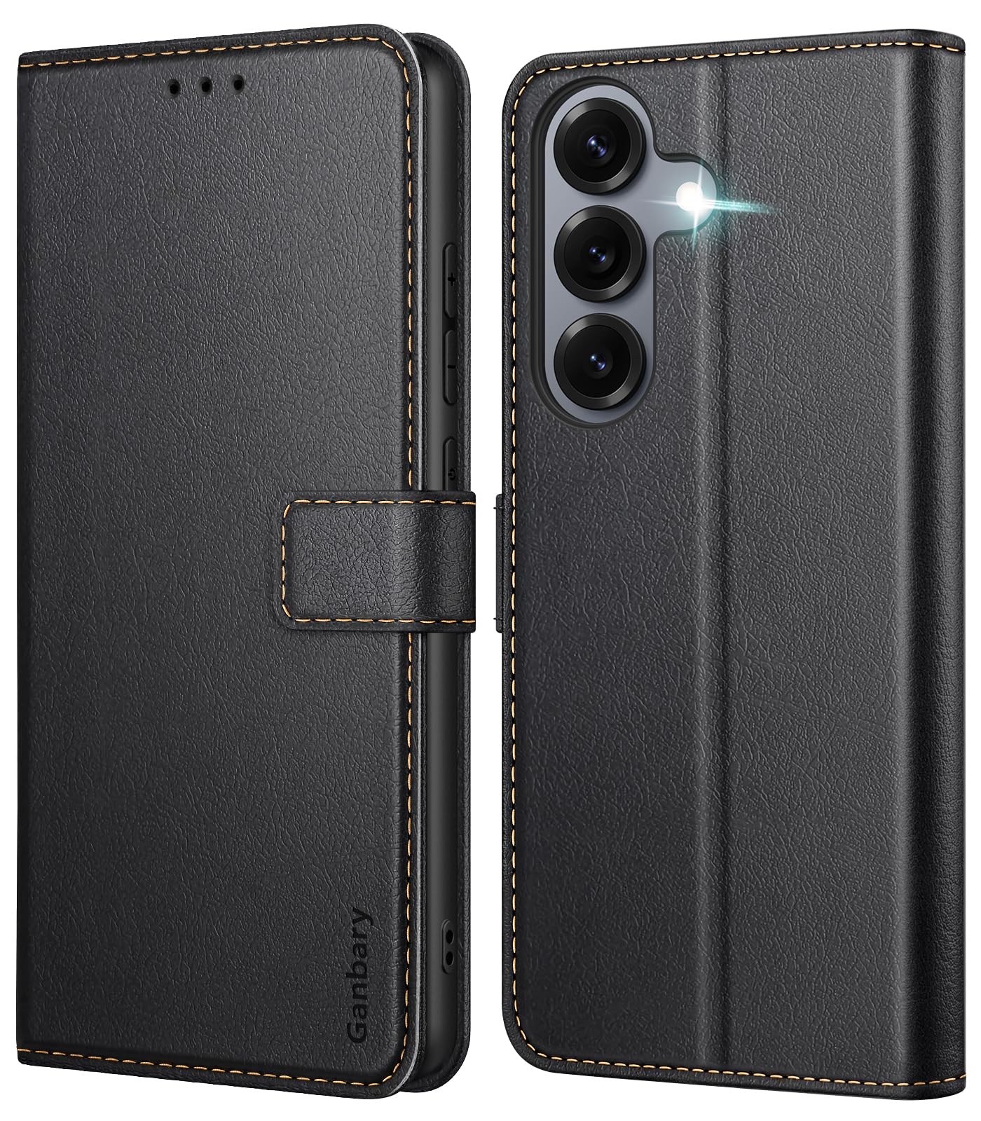 Ganbary Etui kompatybilne z Samsung Galaxy S25 FE, wysokiej jakości etui z klapką ze skóry PU do Samsung Galaxy S25 FE [pełna ochrona] [przegródki na karty] [podpórka], czarne