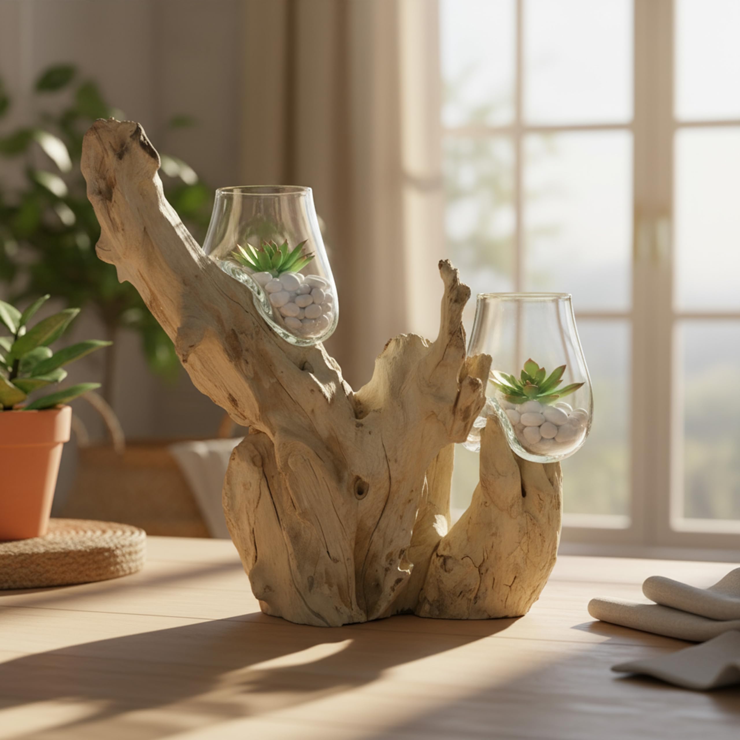 ART-CRAFT Handgefertigte Gamalwurzel mit 2 mundgeblasenen Recyclingglas-Schalen, Natur-Unikat, nachhaltige Wurzelholzkunst, ca. 40x20x20 cm, Vase, Terrarium, Einzelstück, Deko für Wohnzimmer
